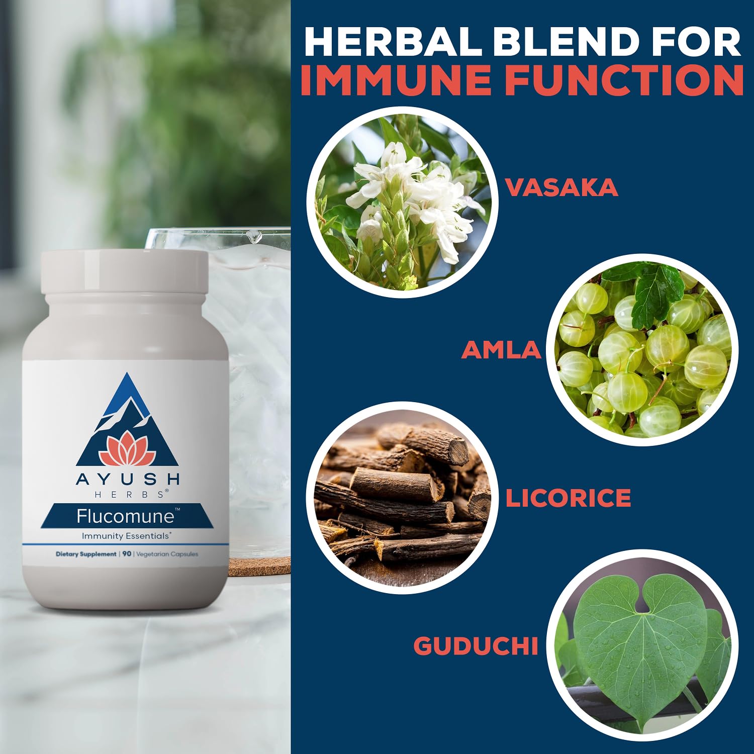 Ayush Herbs Flucomune supplement on a wooden table with herbs