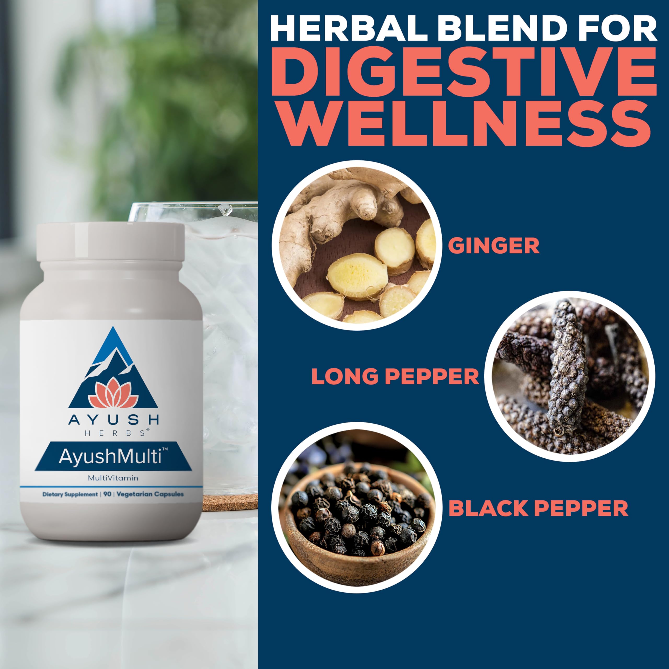 Ayush Herbs Multivitamin Capsules on a wooden table
