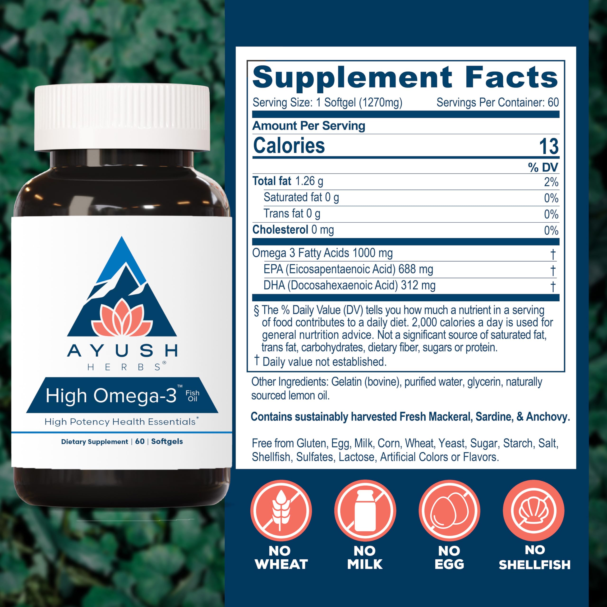Ayush Herbs Omega-3 Fish Oil Supplement 1000mg softgels close-up