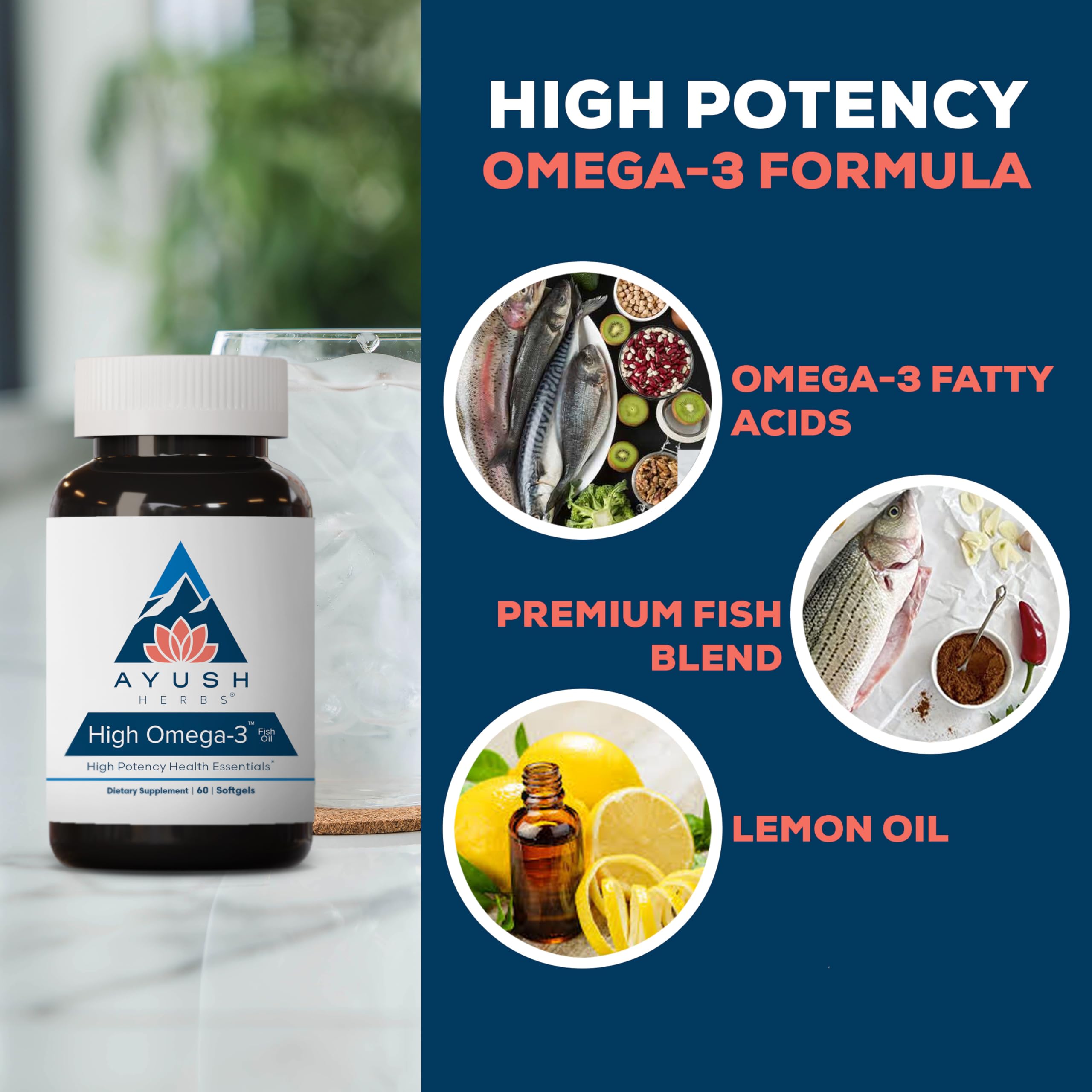 Ayush Herbs Omega-3 Fish Oil Supplement 1000mg softgels with lemon flavour