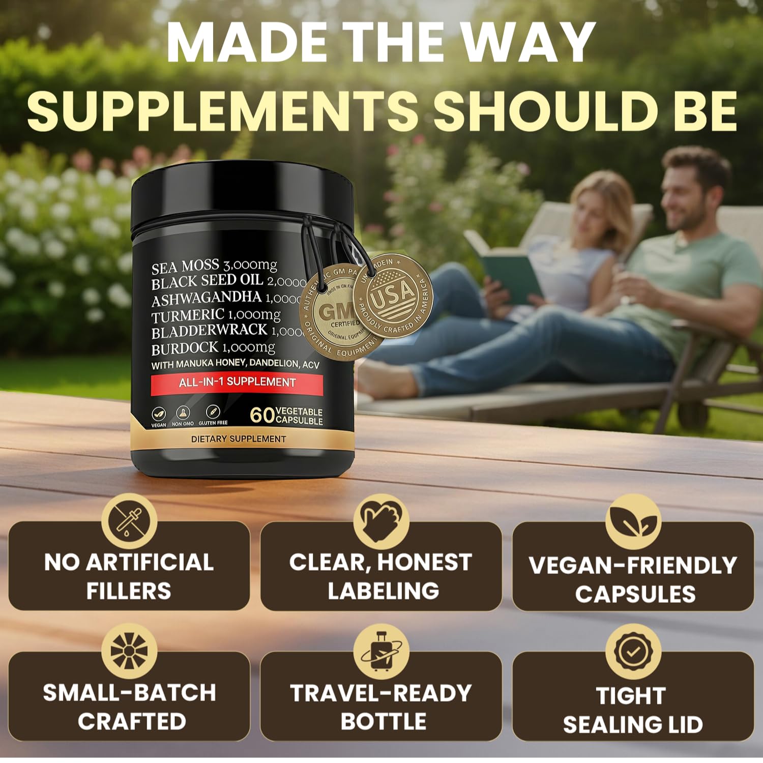 AZ ApexZone Sea Moss Multimineral Supplement capsules on a wooden surface
