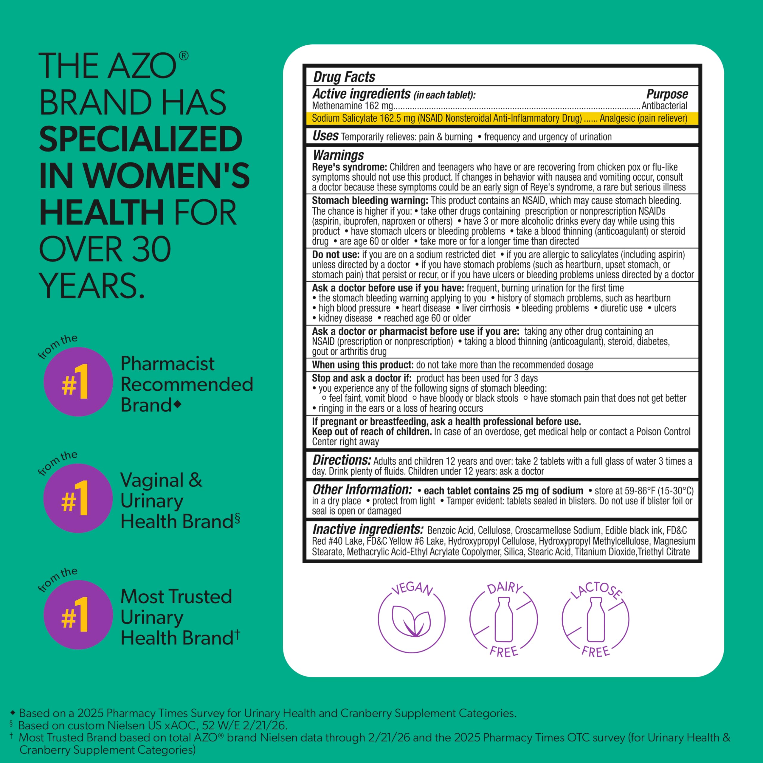 AZO Urinary Health Dual Action Formula back view packaging
