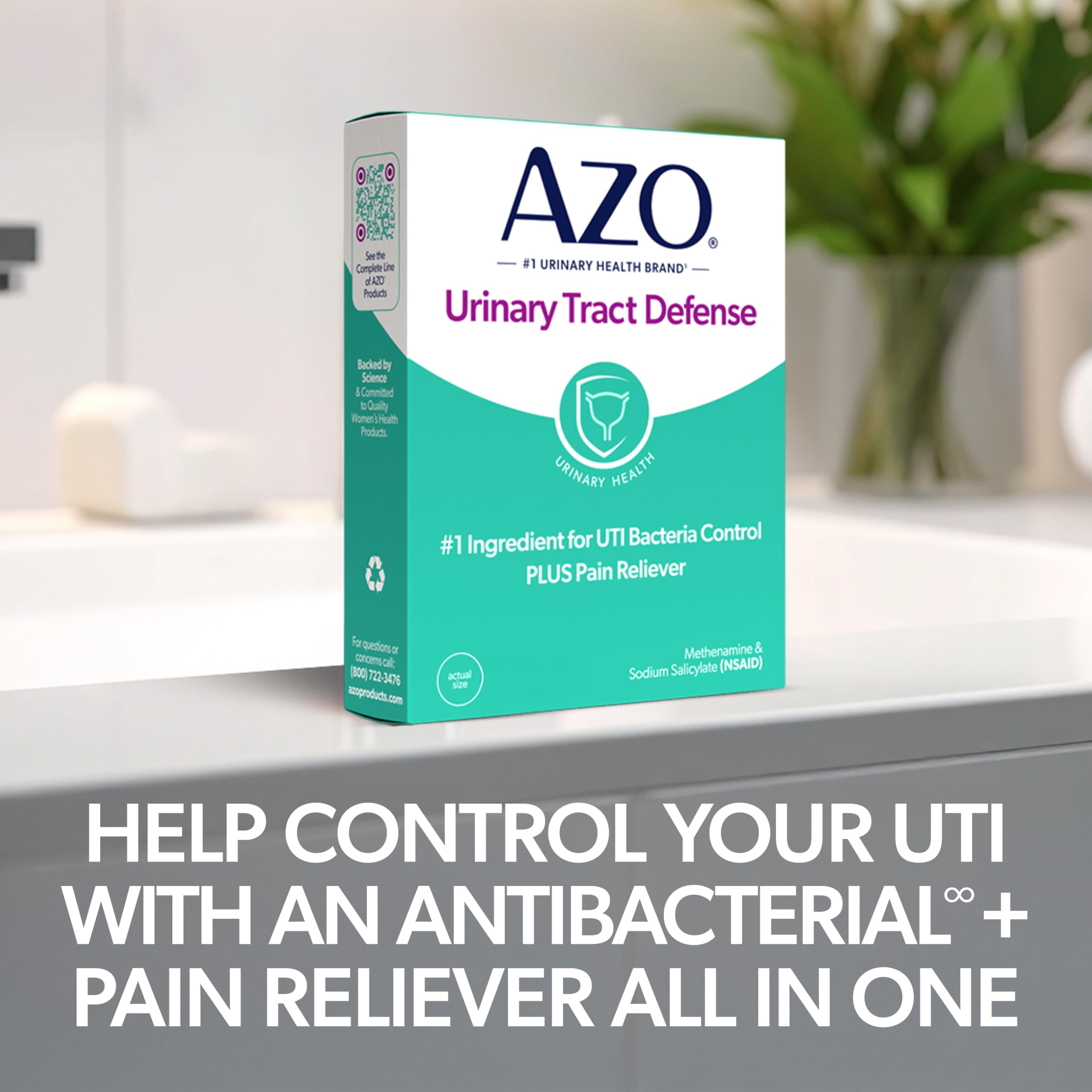 AZO Urinary Health Dual Action Formula on a bathroom countertop