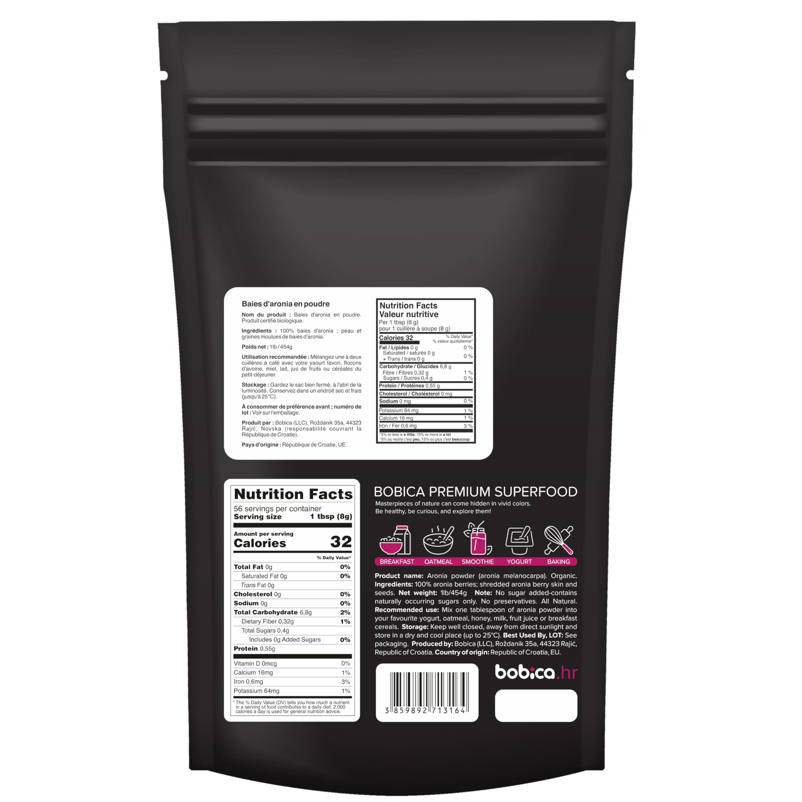 b Aronia Berry Powder 454g back view showing nutritional information