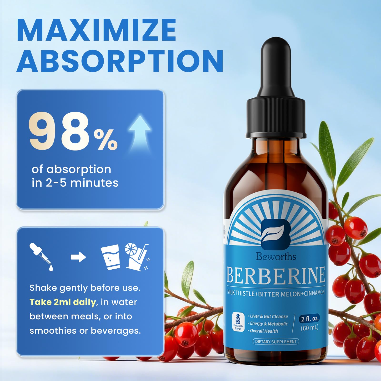 B BEWORTHS Berberine Liquid Drops with Ceylon Cinnamon ingredients
