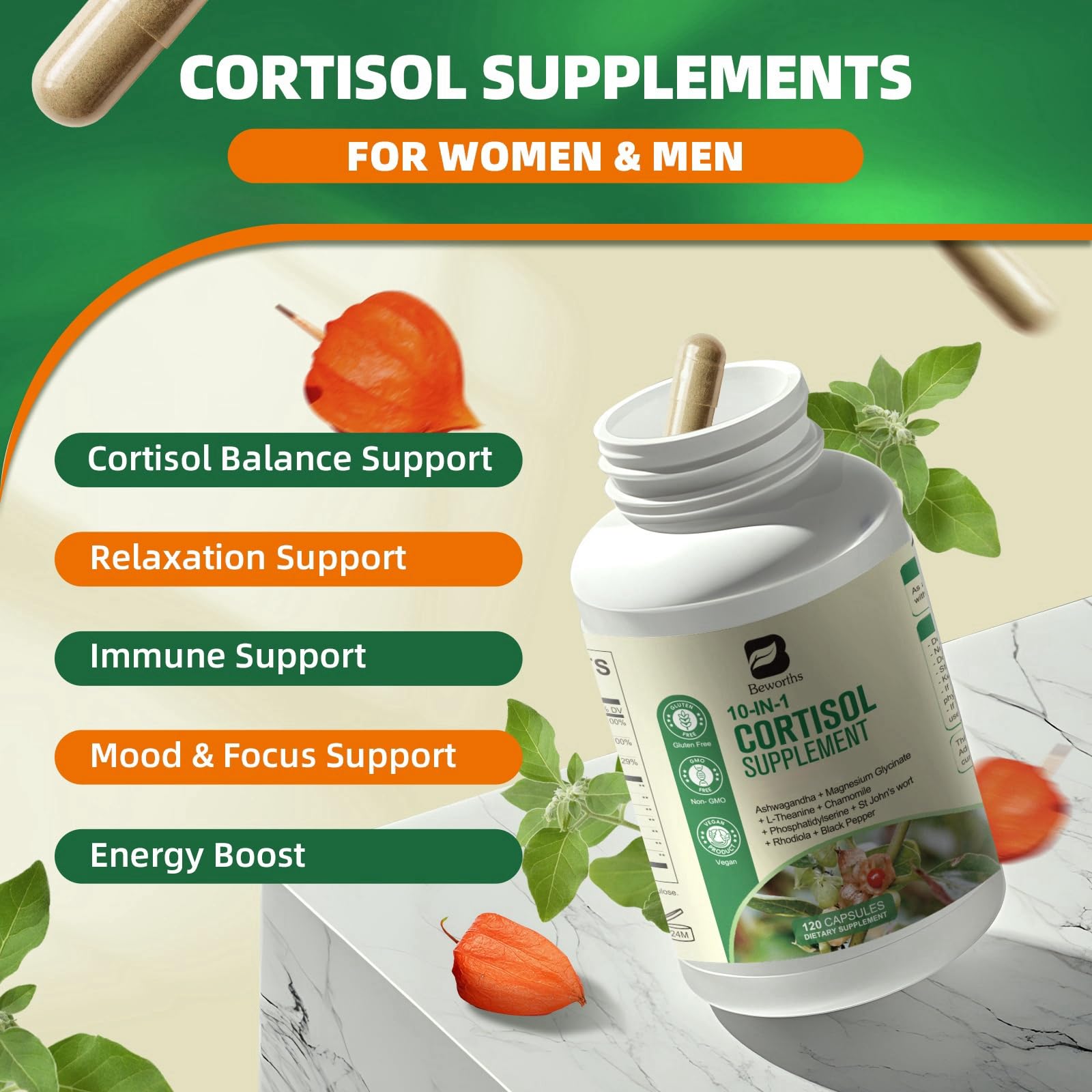B BEWORTHS CortiCare Ashwagandha Supplement 60 Capsules side view