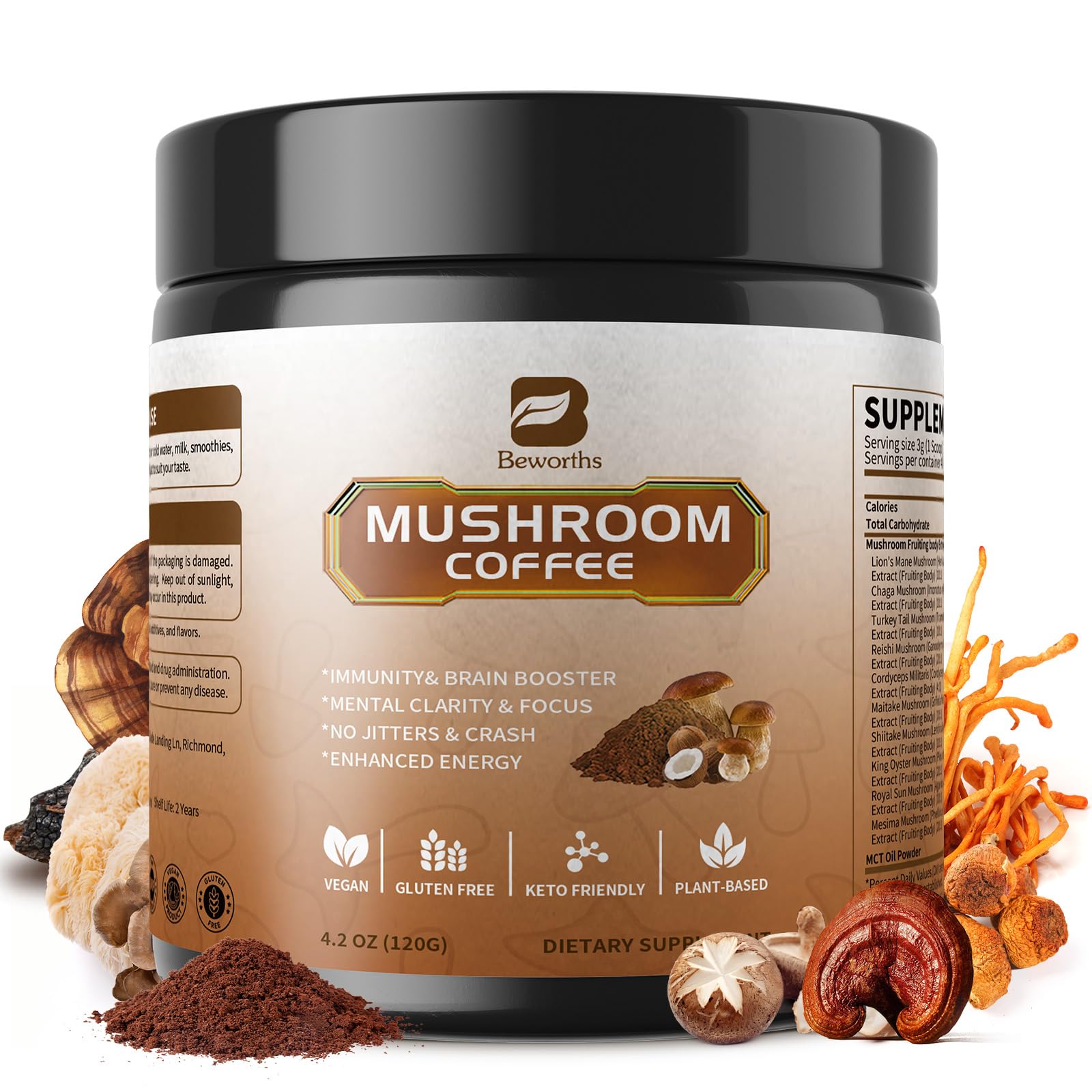 B BEWORTHS Instant Mushroom Coffee Blend 408g front view