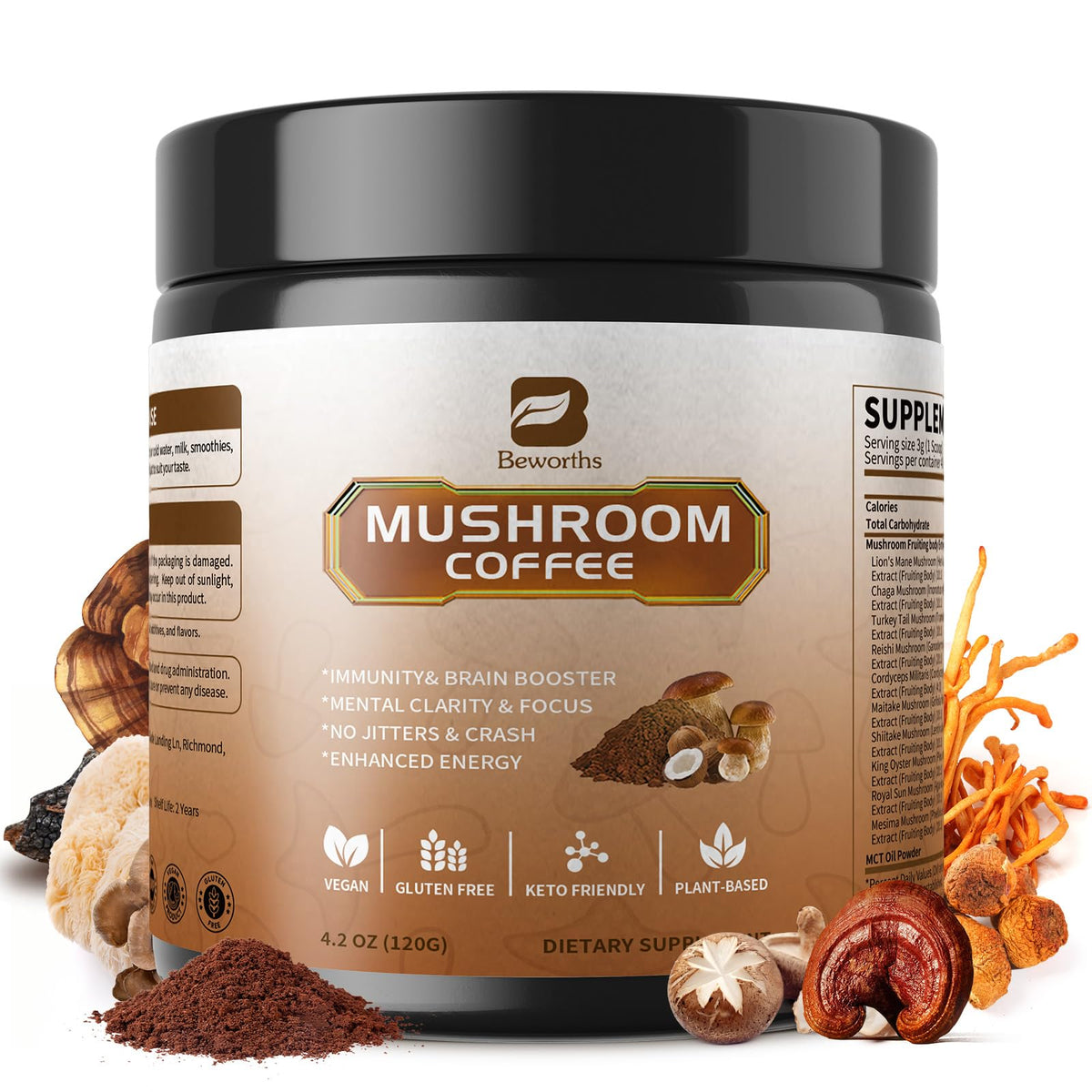 B BEWORTHS Instant Mushroom Coffee Blend 408g front view