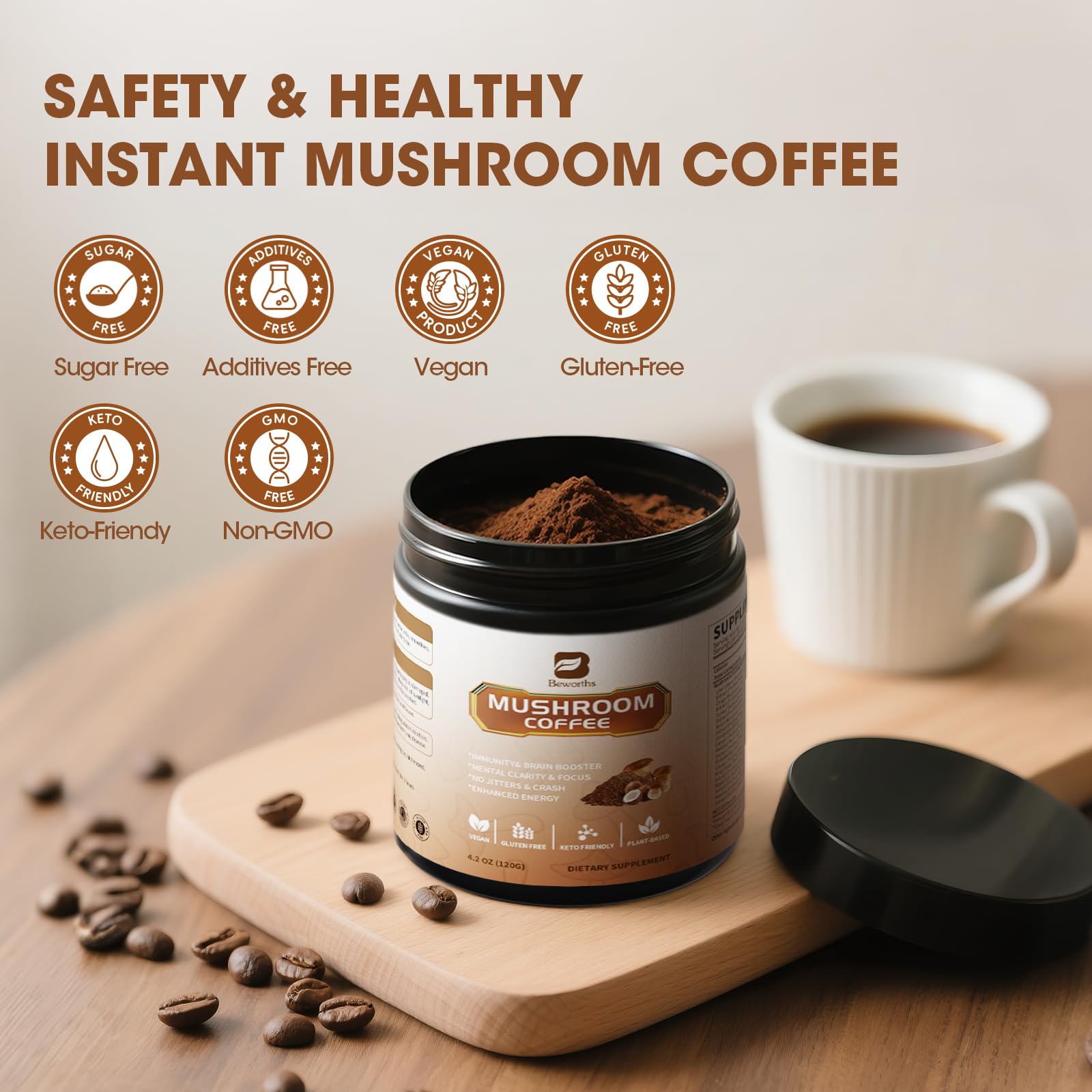 B BEWORTHS Instant Mushroom Coffee Blend mixed in a cup