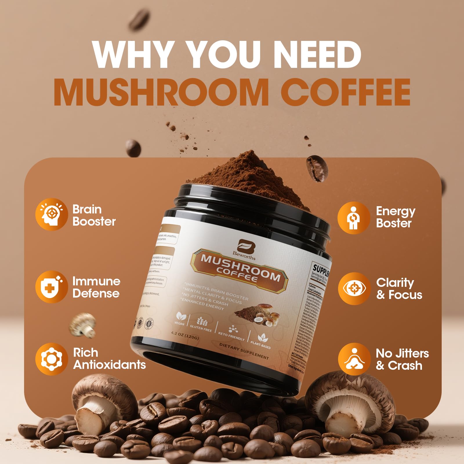 B BEWORTHS Instant Mushroom Coffee Blend packaging