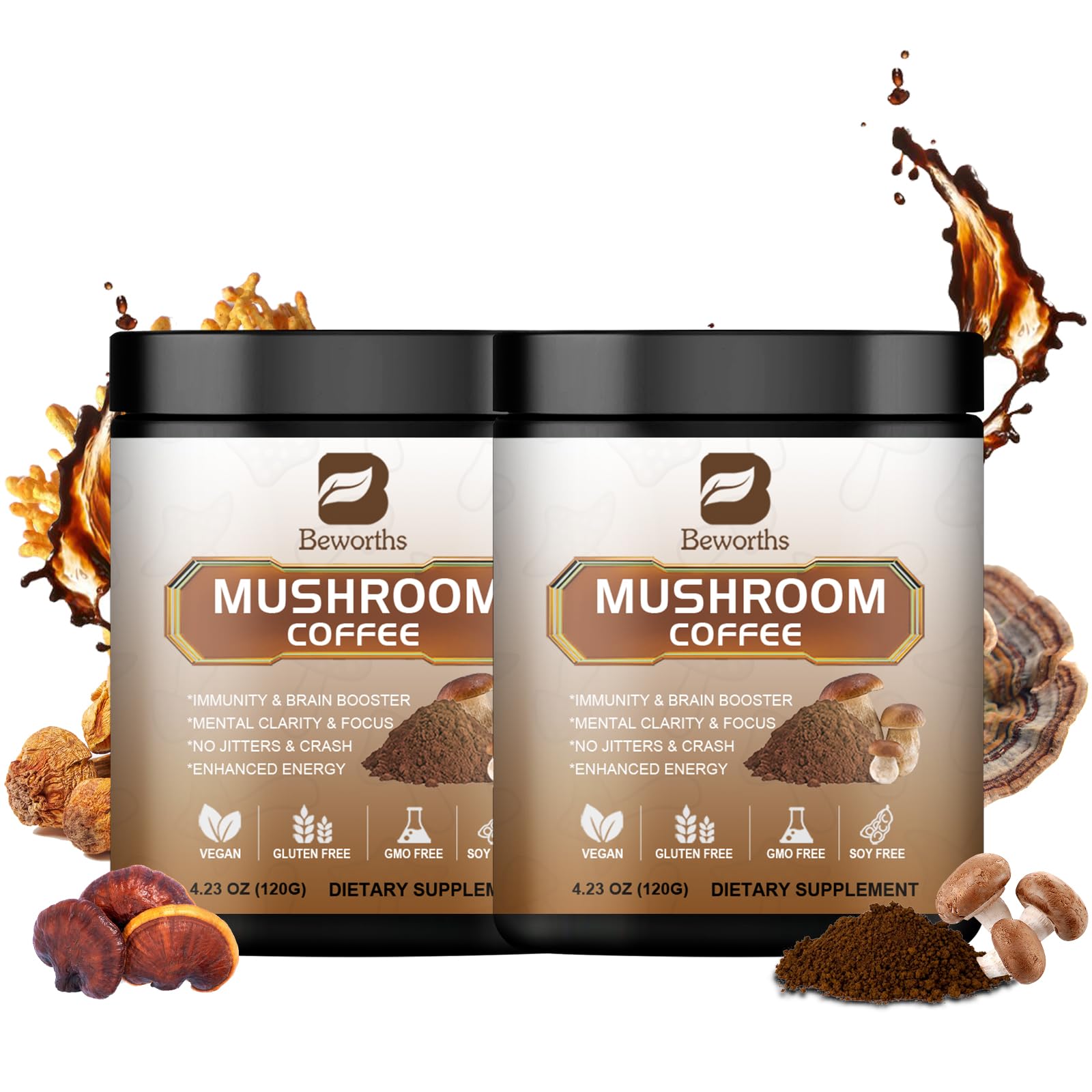 B BEWORTHS Mushroom Coffee Powder 10-in-1 Blend packaging front view