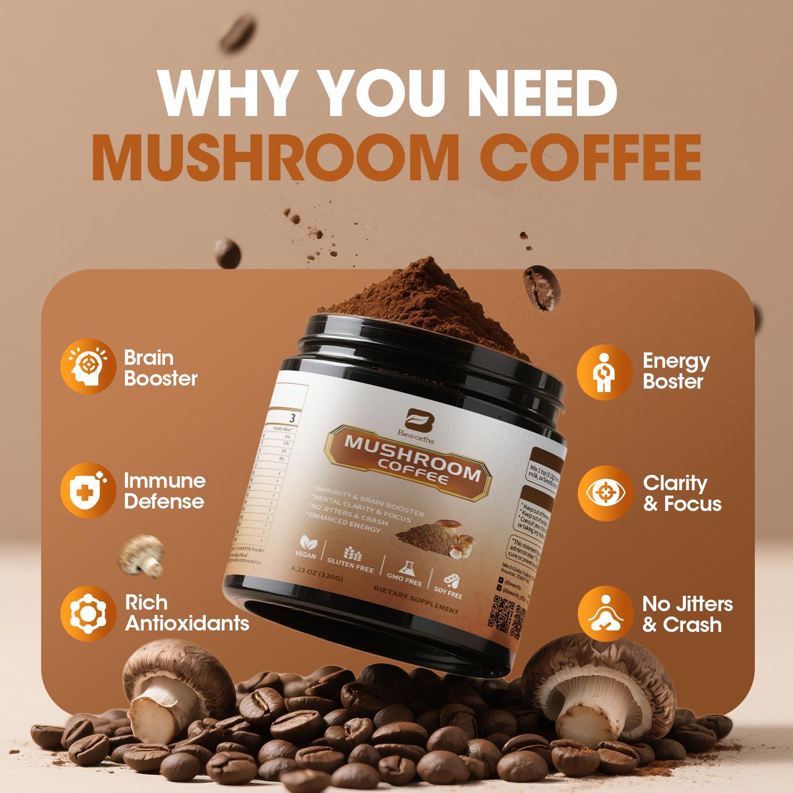 B BEWORTHS Mushroom Coffee Powder 10-in-1 Blend scoop with powder