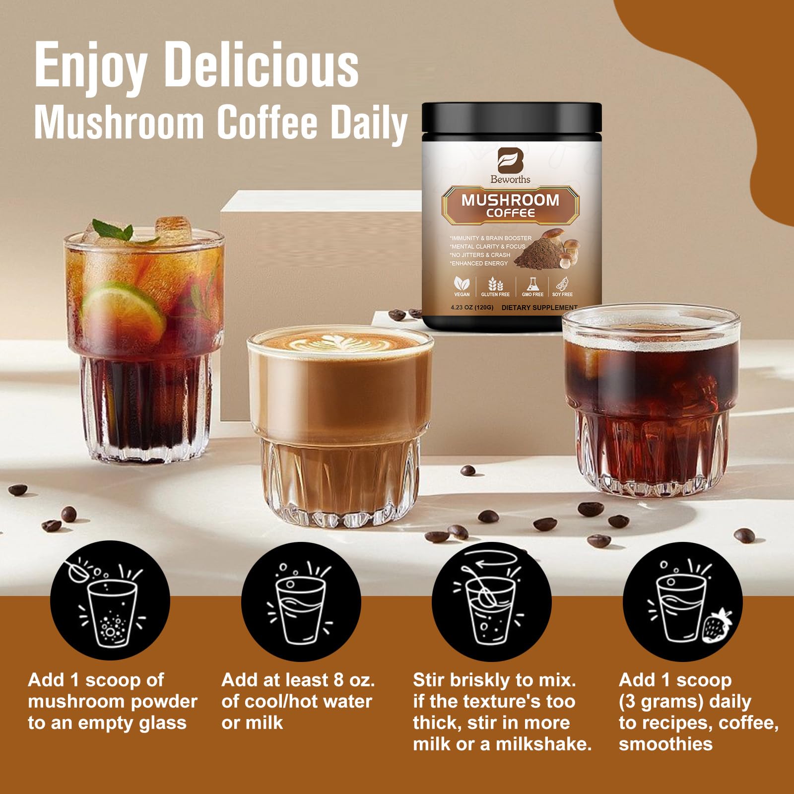 B BEWORTHS Mushroom Coffee Powder 10-in-1 Blend with coffee cup
