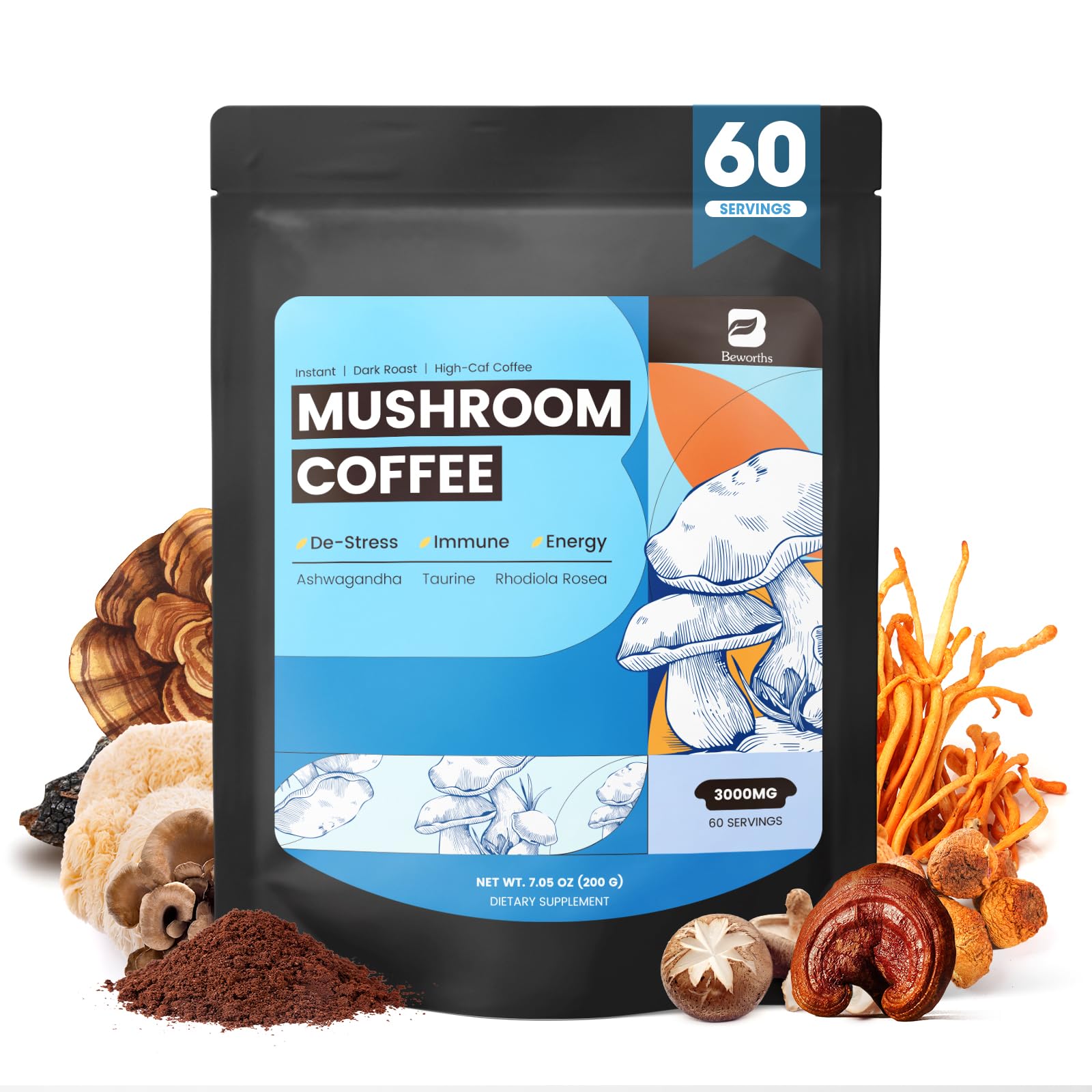 B BEWORTHS Mushroom Coffee Powder Blend 222g front view
