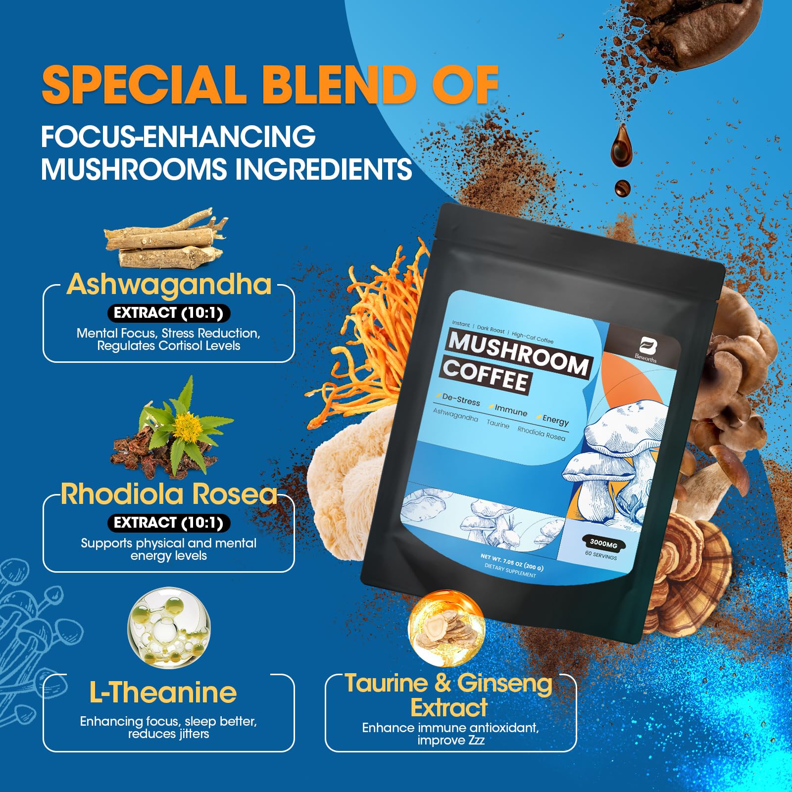B BEWORTHS Mushroom Coffee Powder Blend mixed in a cup