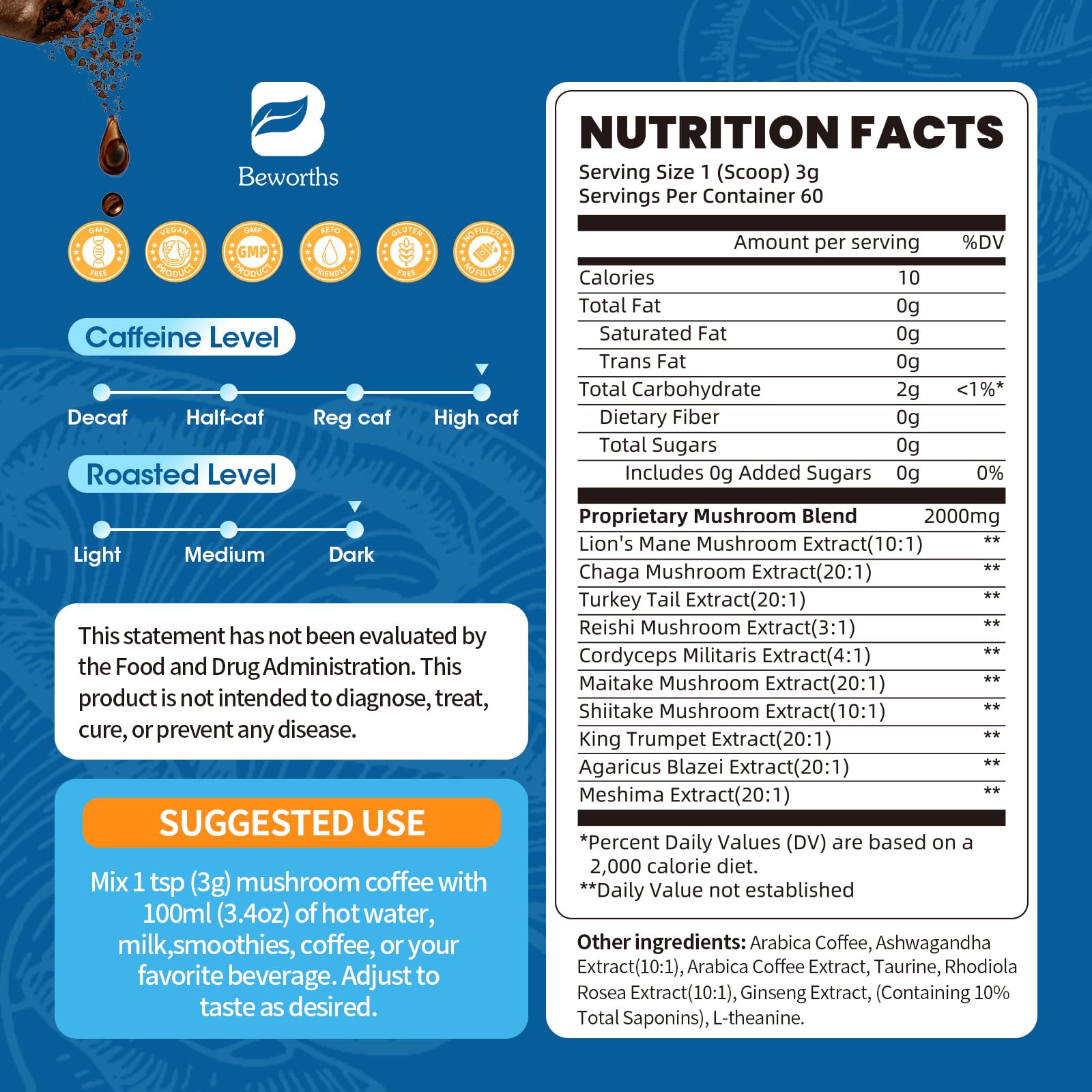 B BEWORTHS Mushroom Coffee Powder Blend packaging side view
