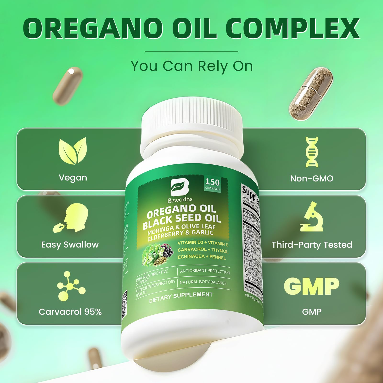 B BEWORTHS Oregano Oil Capsules displayed with other herbal supplements