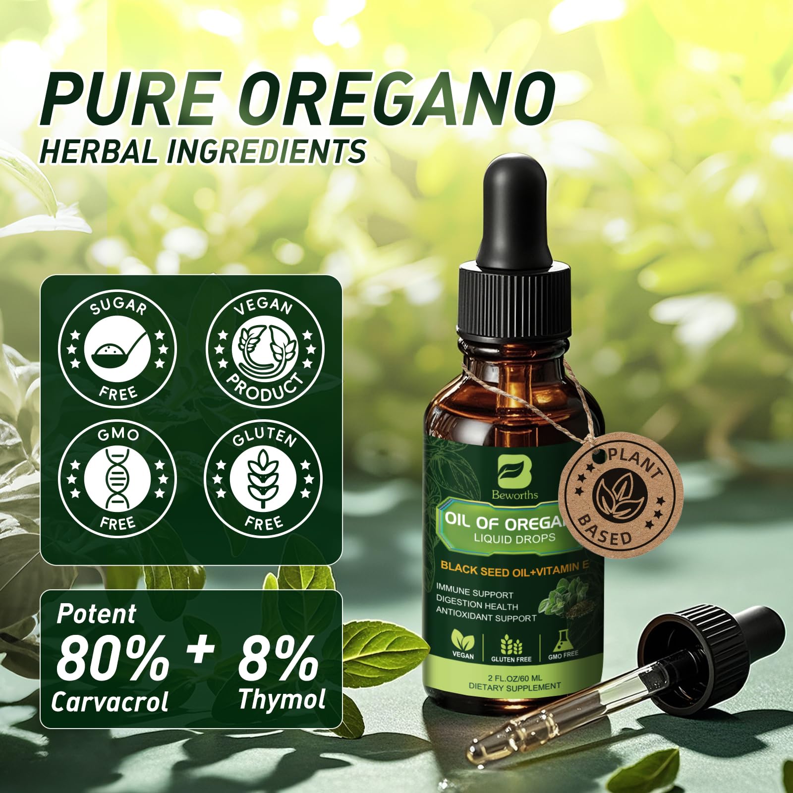 B BEWORTHS Oregano Oil Drops bottle on a wooden table