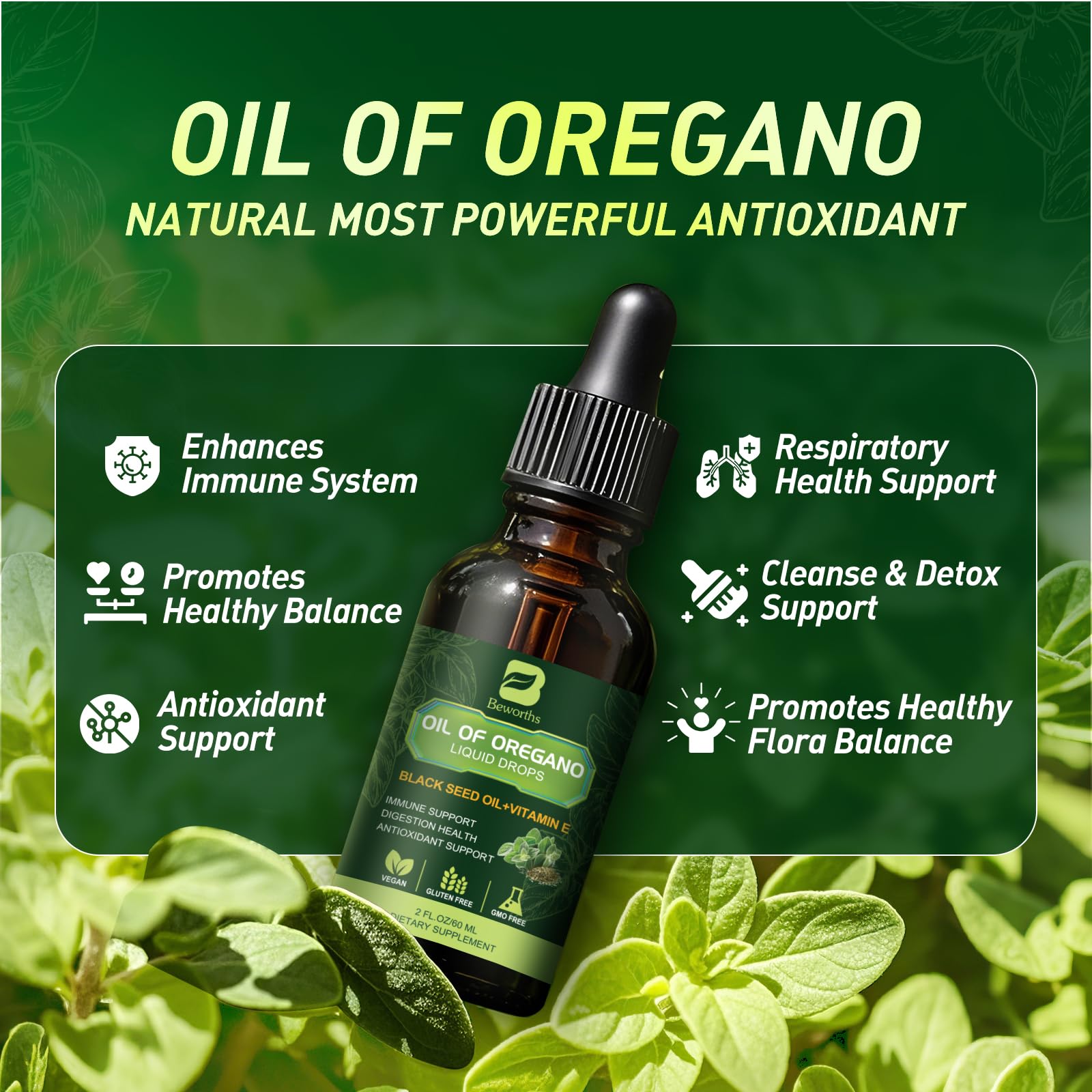 B BEWORTHS Oregano Oil Drops bottle side view
