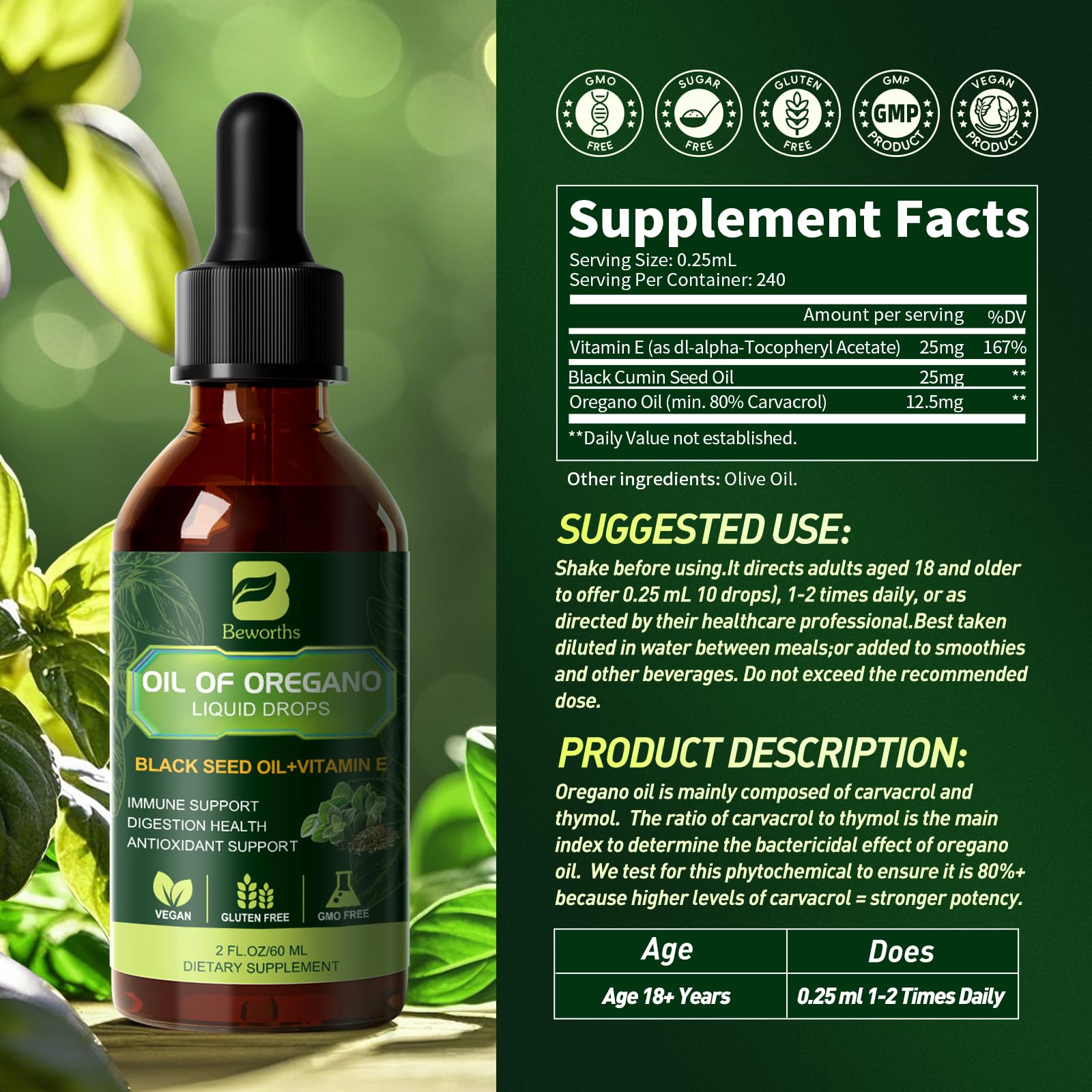 B BEWORTHS Oregano Oil Drops bottle side view