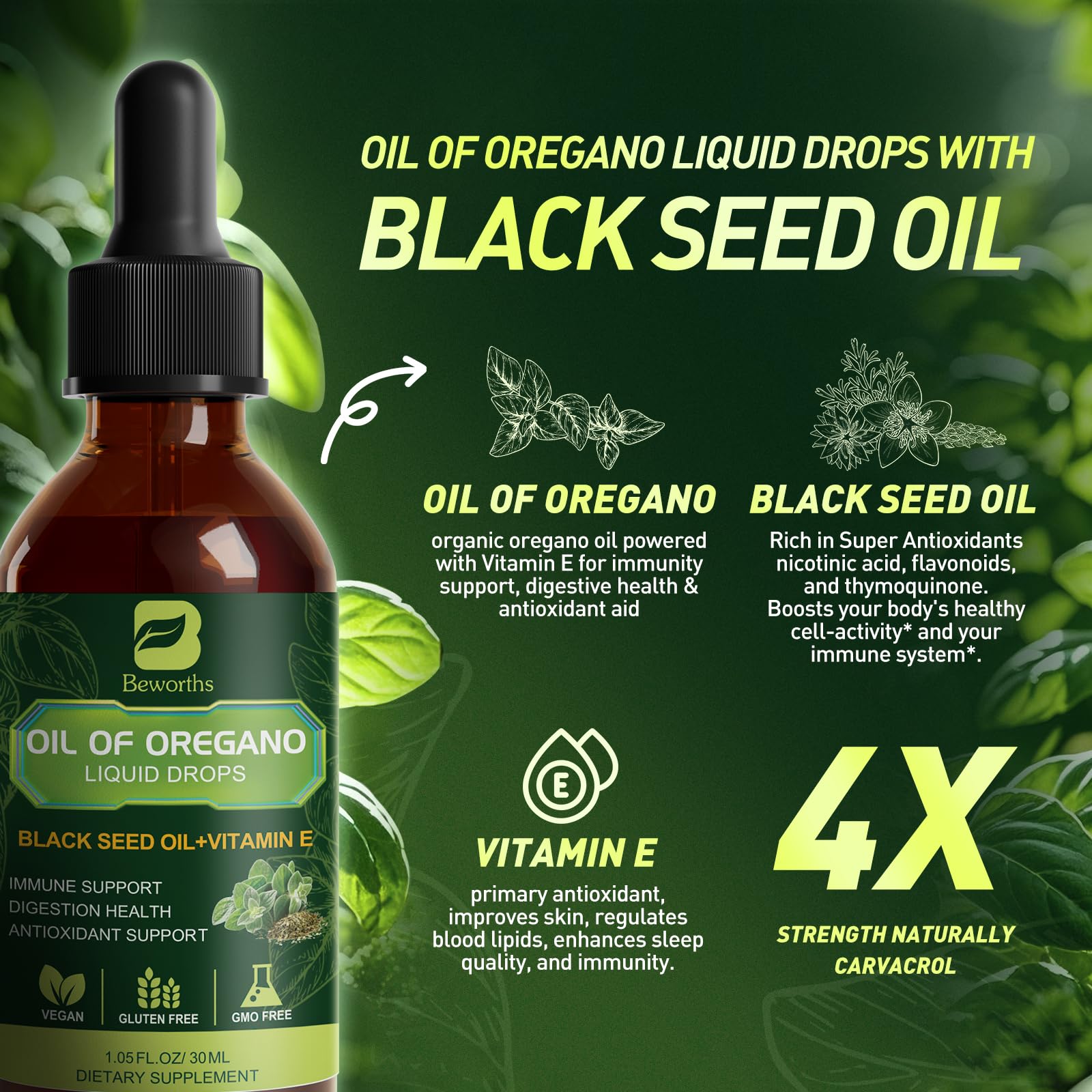 B BEWORTHS Oregano Oil Drops packaging with ingredients