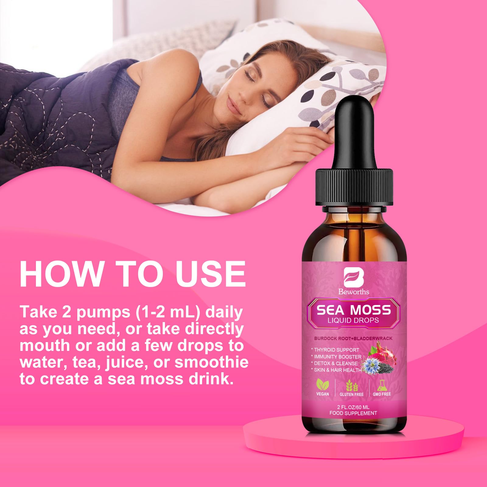 B BEWORTHS Sea Moss & Black Seed Oil Liquid Drops close-up of dropper