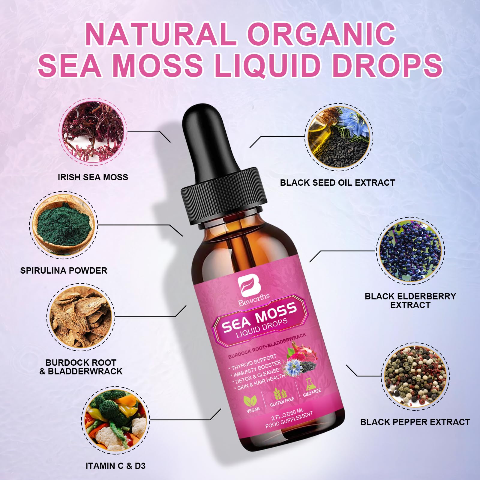 B BEWORTHS Sea Moss Liquid Drops 60g bottle with dropper