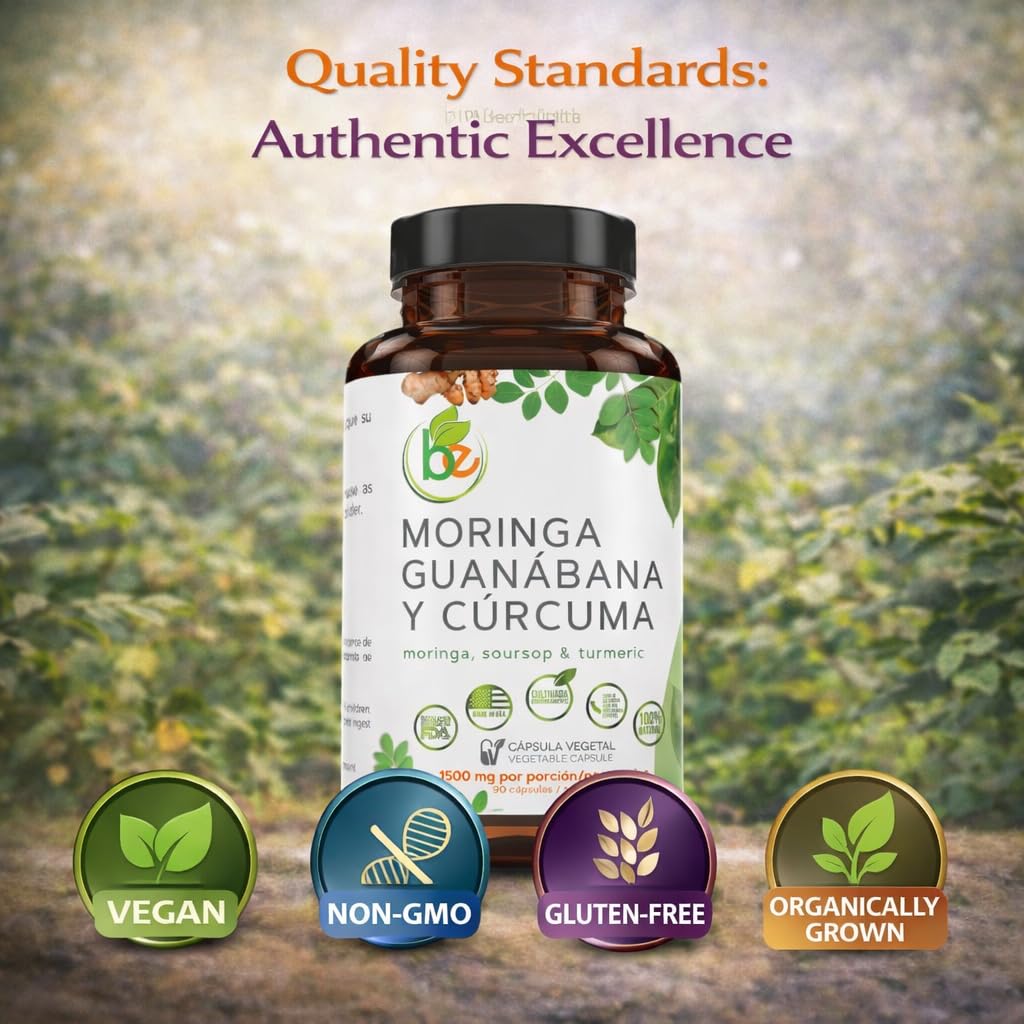 B-Experts Moringa Curcuma Guanabana Capsules displayed with herbs