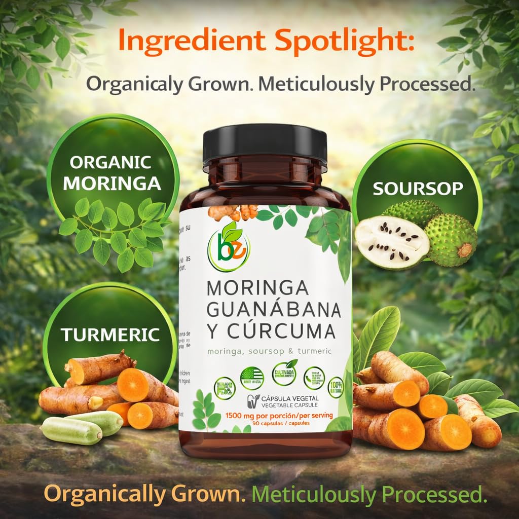B-Experts Moringa Curcuma Guanabana Capsules on a wooden table