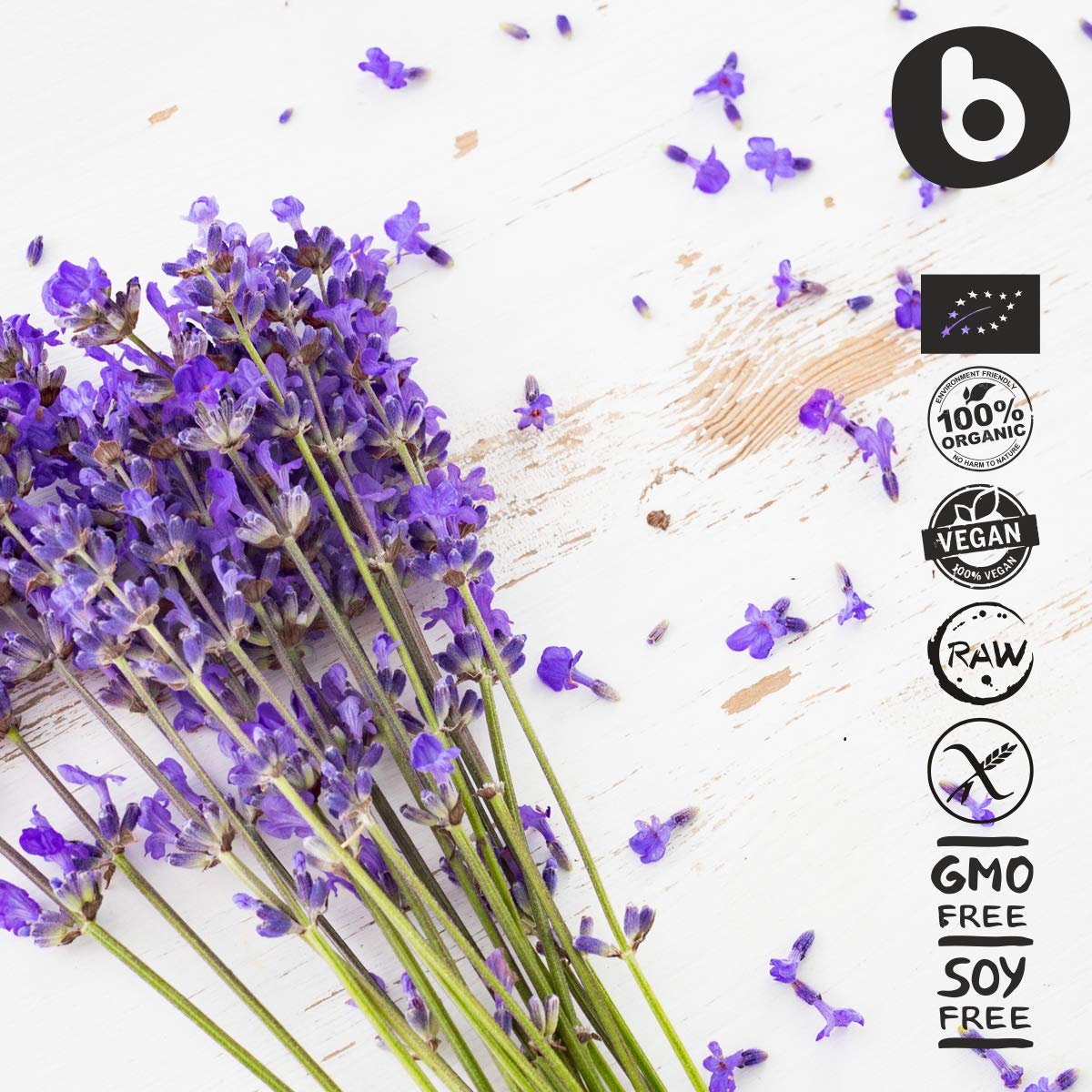 b Lavender Capsules 100% Organic on wooden surface