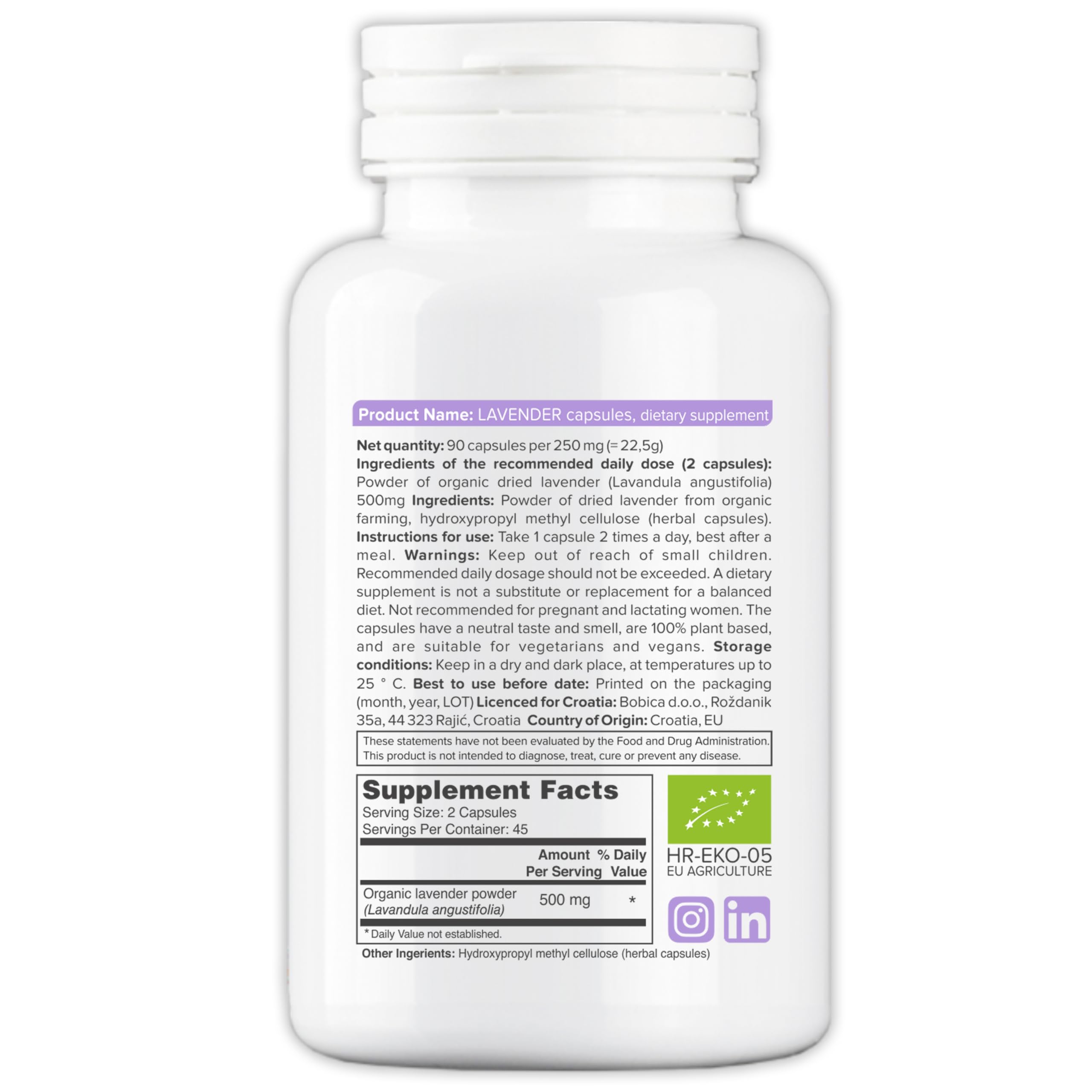 b Lavender Capsules 100% Organic side view