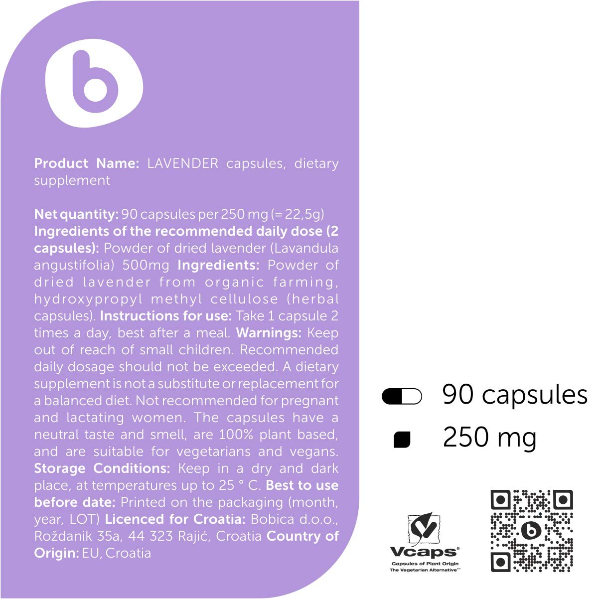 b Lavender Capsules 100% Organic with water glass