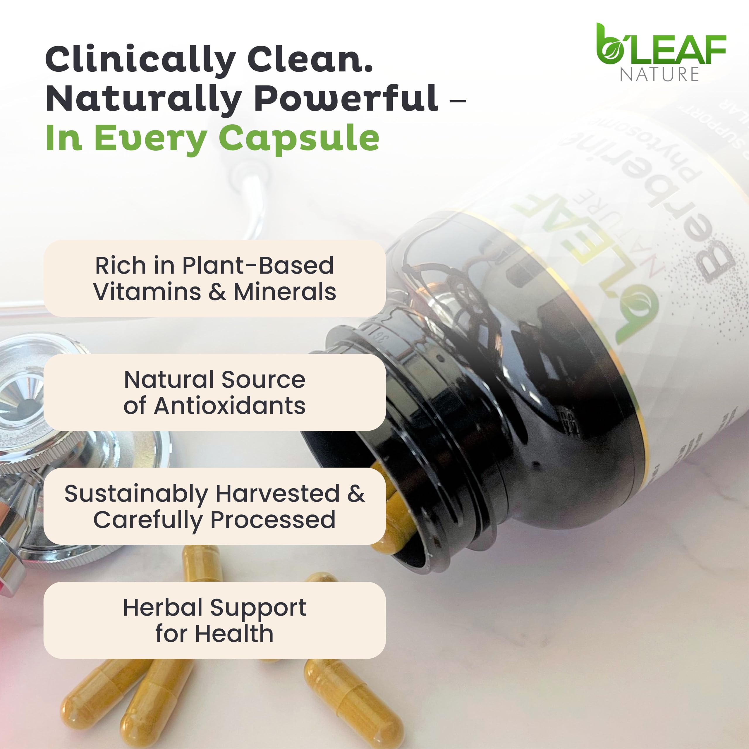 B'LEAF NATURE Berberine Phytosome Supplement bottle with a measuring spoon