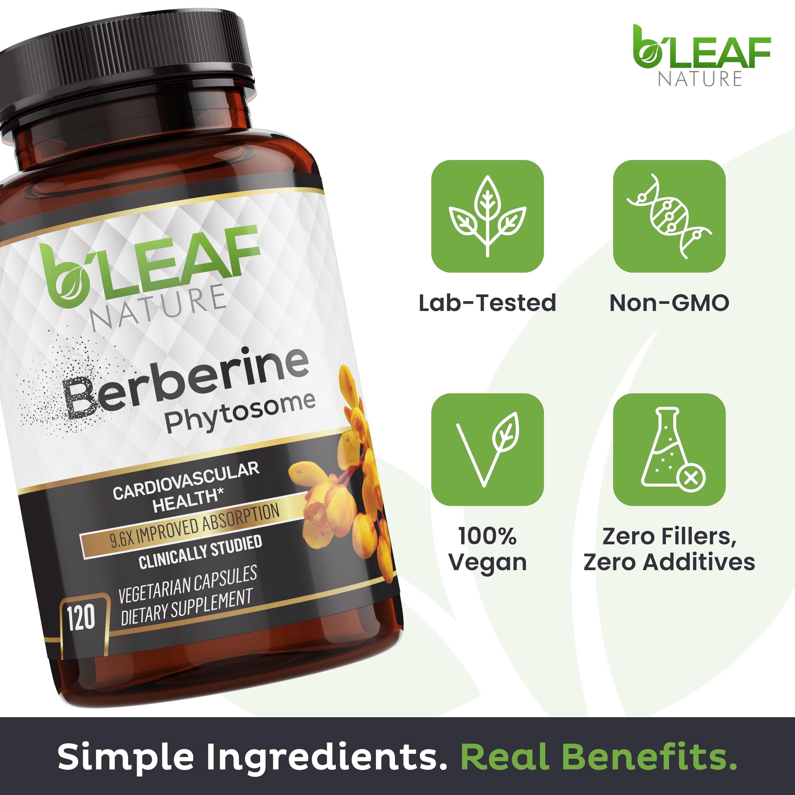 B'LEAF NATURE Berberine Phytosome Supplement capsules on a table