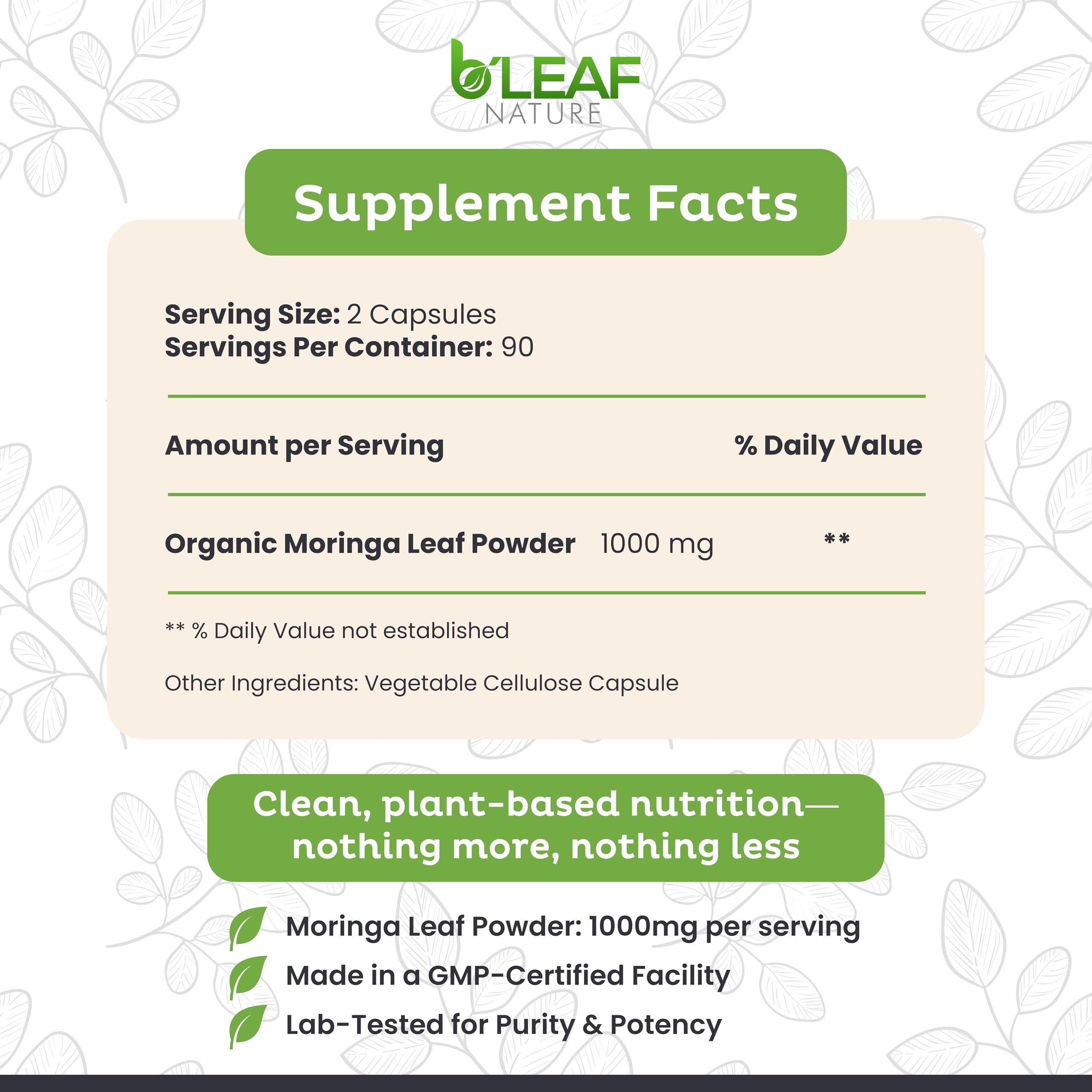 B'LEAF NATURE Moringa Capsules 1000mg close-up of capsules