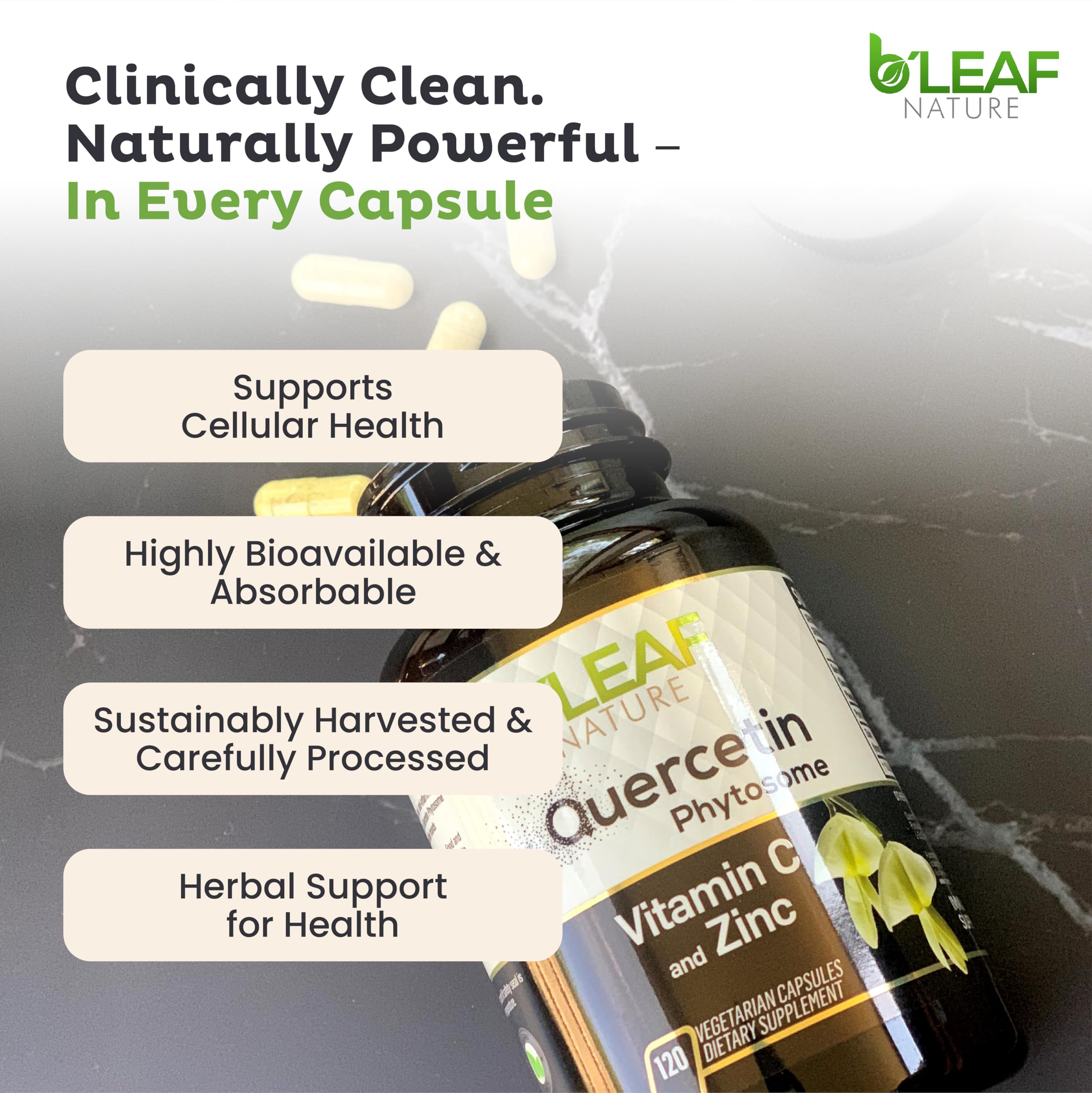 B'LEAF NATURE Quercetin Capsules close-up of capsules