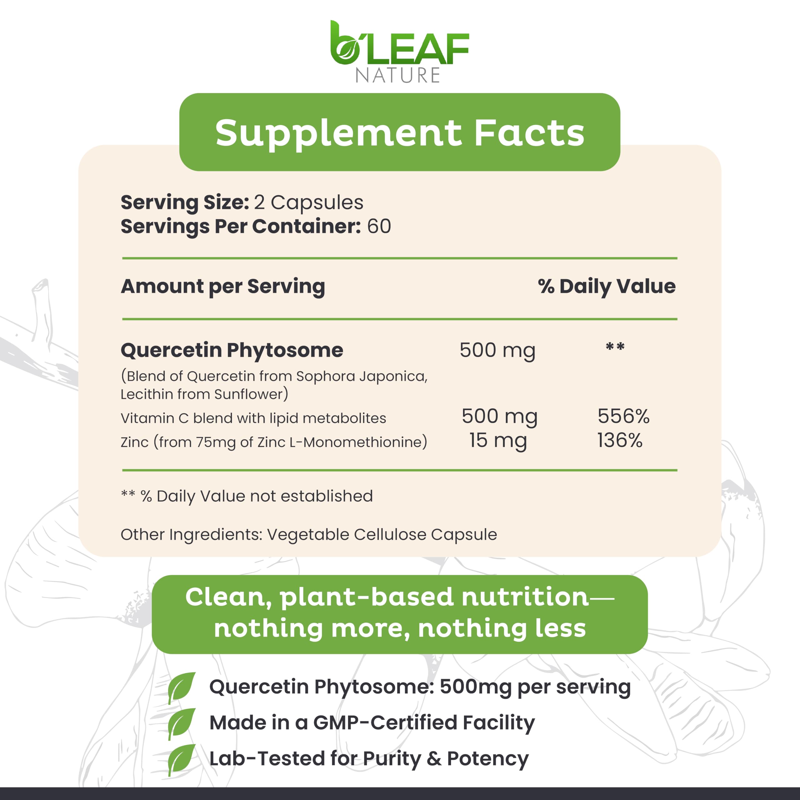 B'LEAF NATURE Quercetin Capsules side view with label