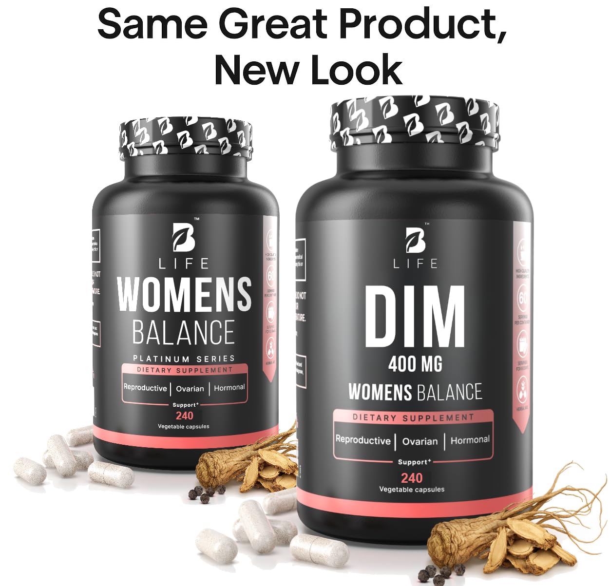 B Life Company Dong Quai Supplement capsules on a marble surface