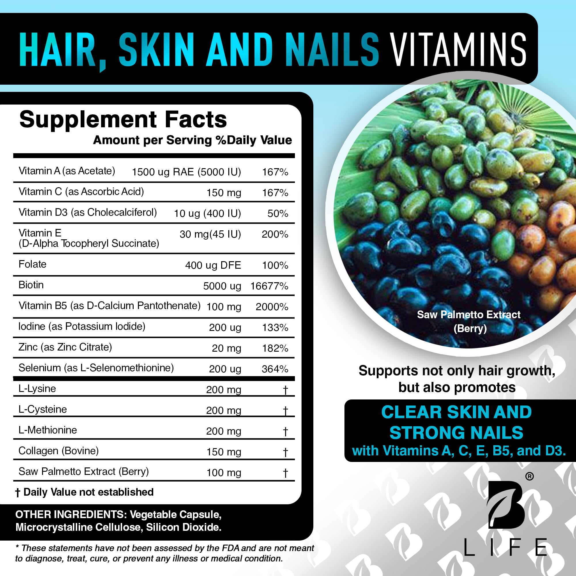 B Life Company Hair Growth Vitamins for Men 60 Capsules back view