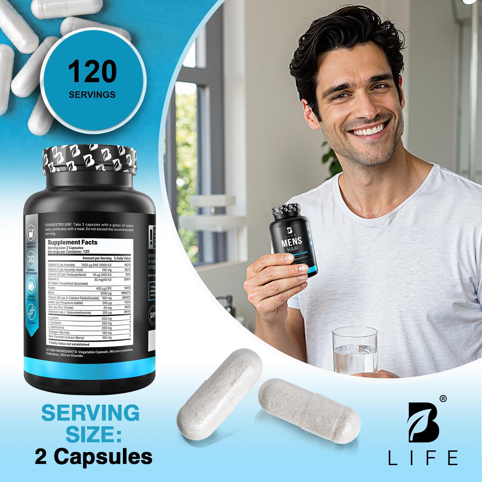 B Life Company Hair Growth Vitamins for Men 60 Capsules in a lifestyle setting