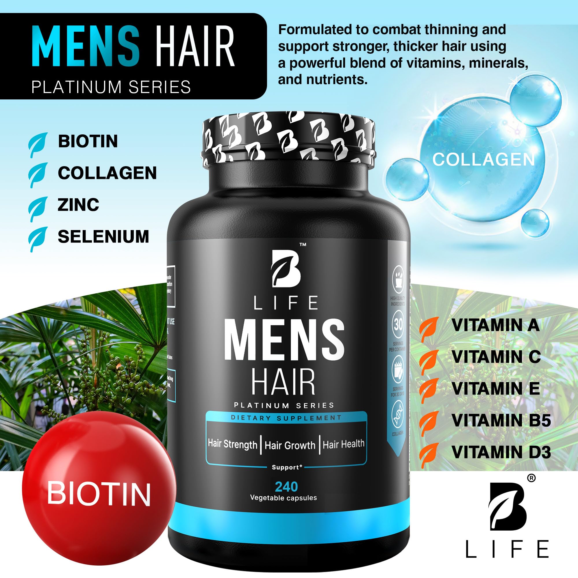 B Life Company Hair Growth Vitamins for Men 60 Capsules side view