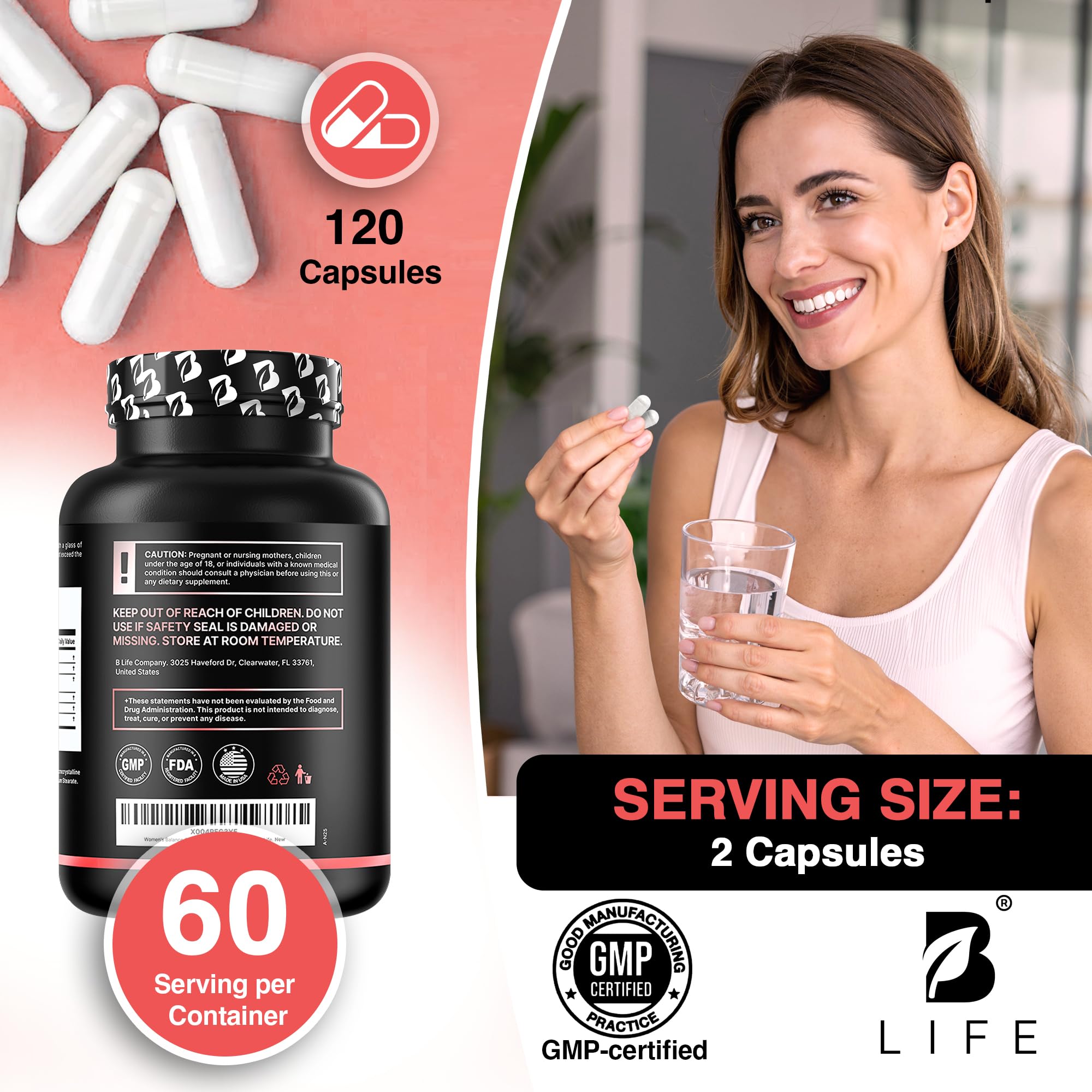 B Life Company Multivitamin Supplement displaying serving size on a white background