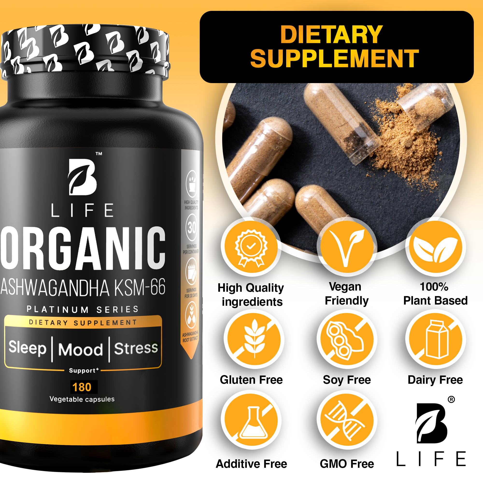 B Life Company Organic Ashwagandha capsules close-up