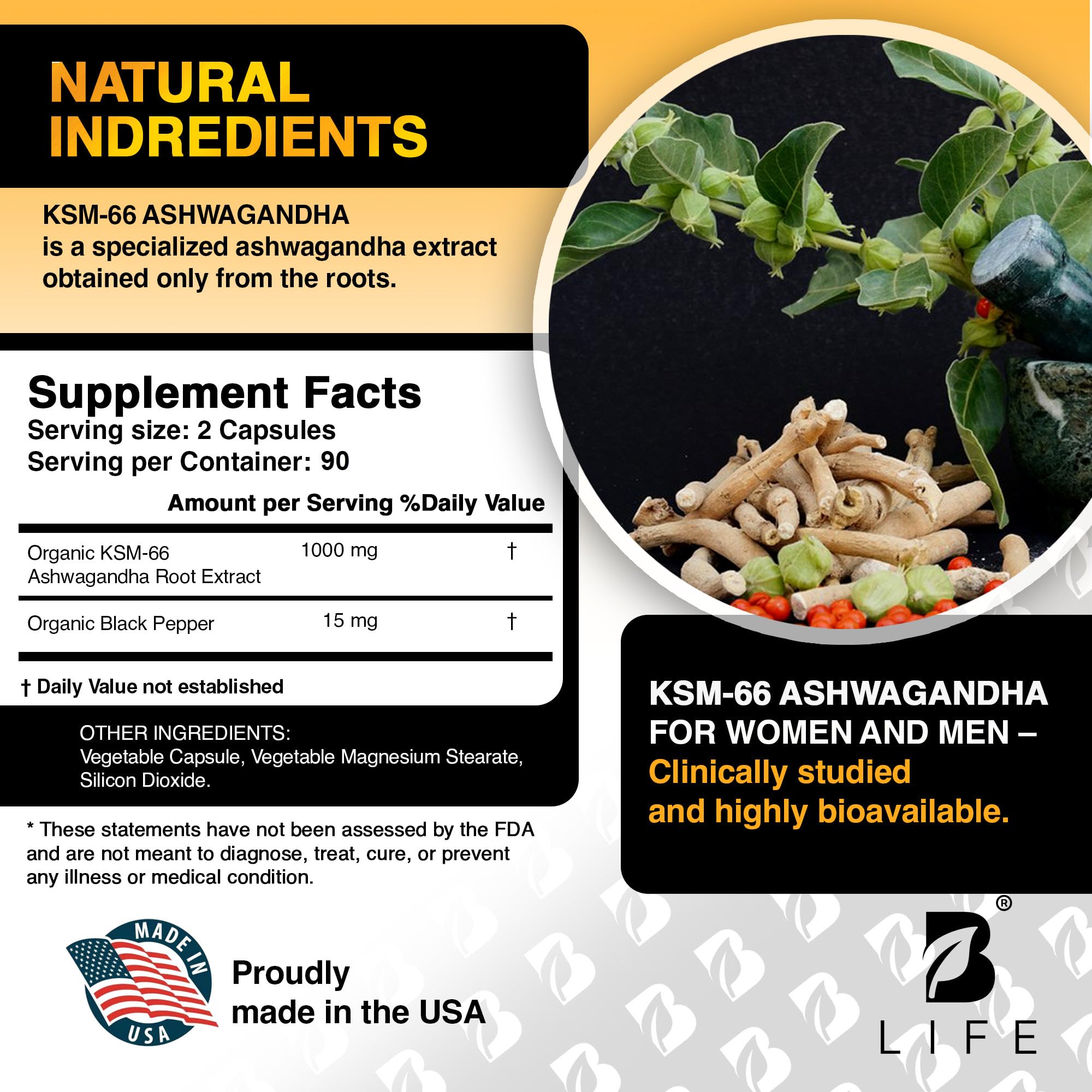 B Life Company Organic Ashwagandha capsules in hand
