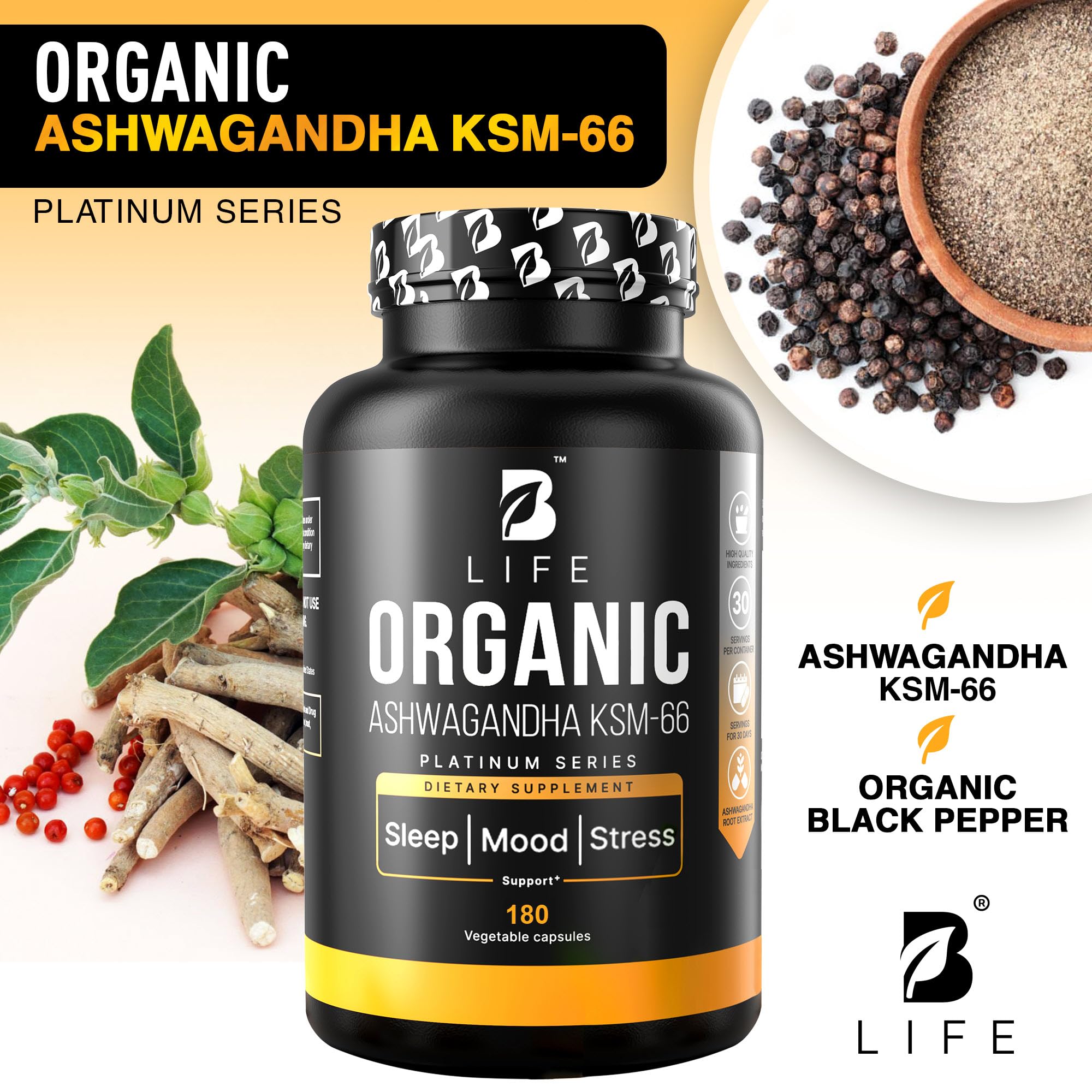 B Life Company Organic Ashwagandha capsules on a wooden surface
