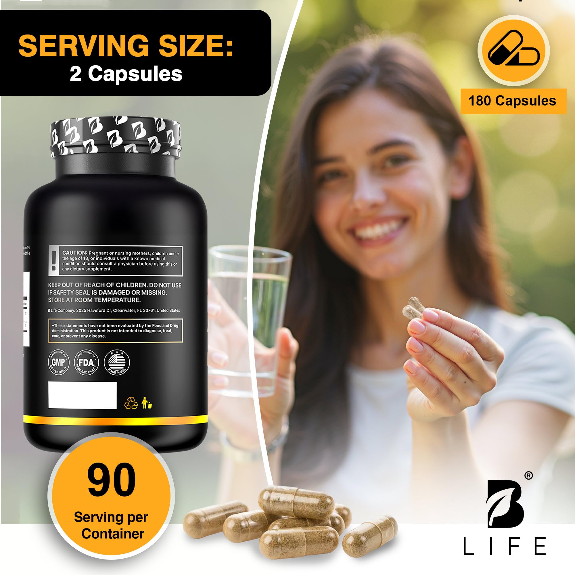 B Life Company Organic Ashwagandha capsules with green leaves