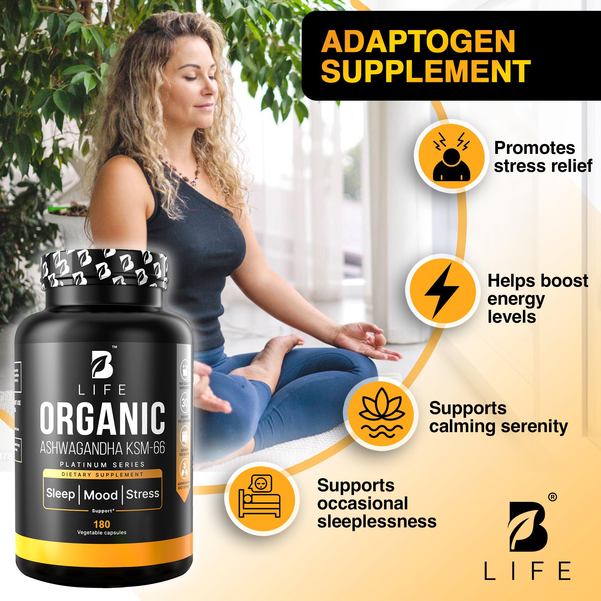 B Life Company Organic Ashwagandha capsules with measuring spoon