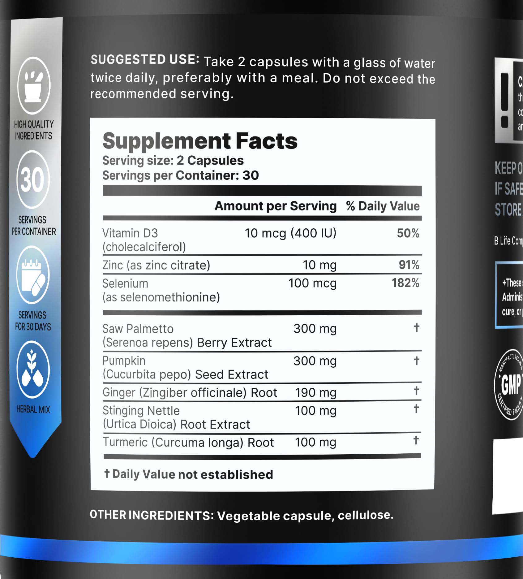 B Life Company Saw Palmetto Supplement 300mg side view