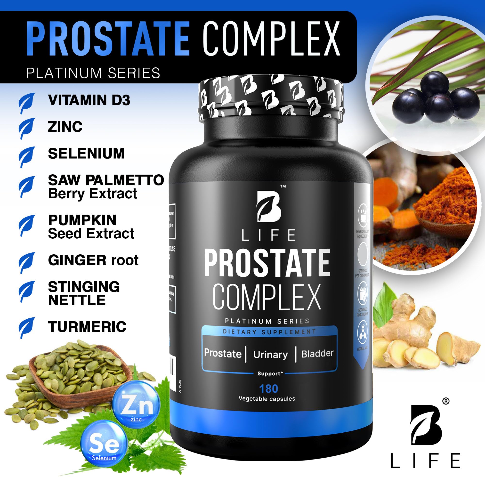 B Life Company Saw Palmetto Supplement 300mg side view
