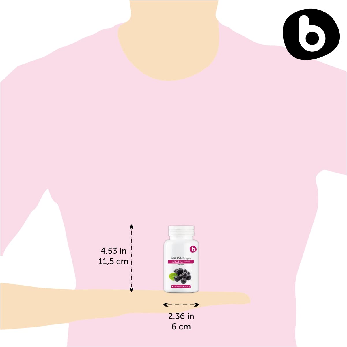 b Organic Aronia Berry Capsules with a measuring spoon